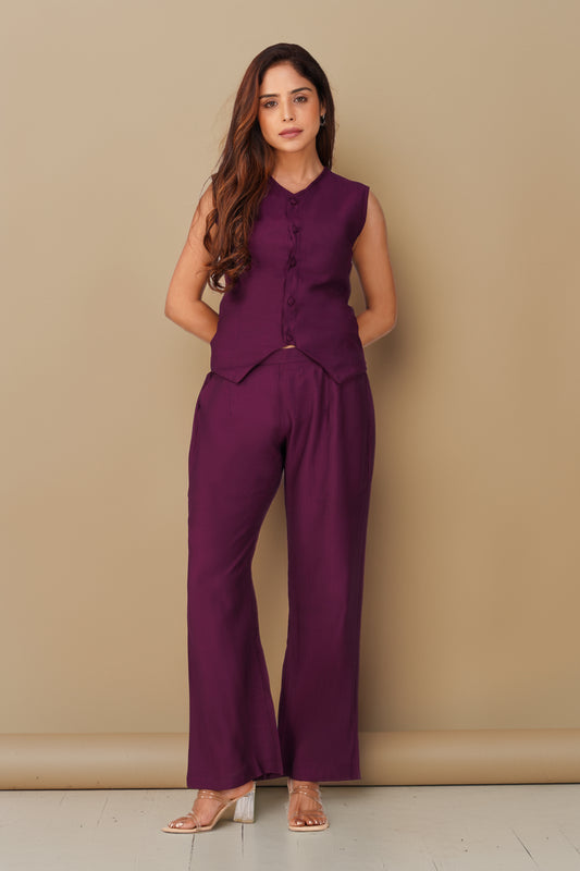 Karma Vest Co-ord Set – Purple Silk Linen Western Casual Wear | Bindigasm
