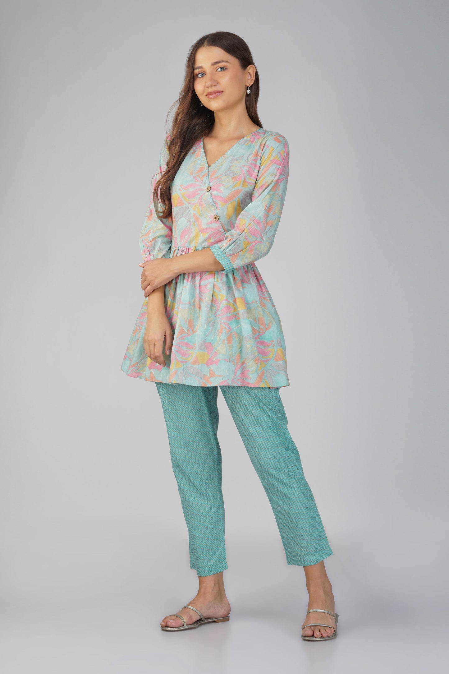 Sargam Sky Blue Cotton Co-ord Set – Peplum Top with Wooden Buttons & Textured Pants