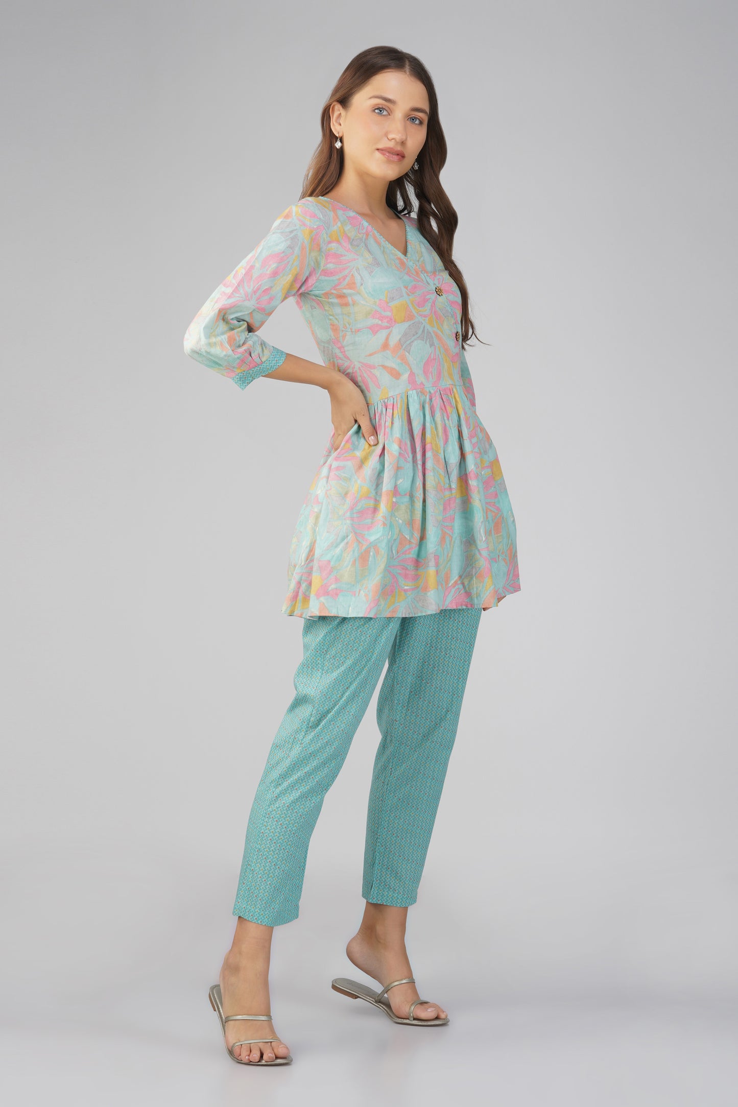 Sargam Sky Blue Cotton Co-ord Set – Peplum Top with Wooden Buttons & Textured Pants