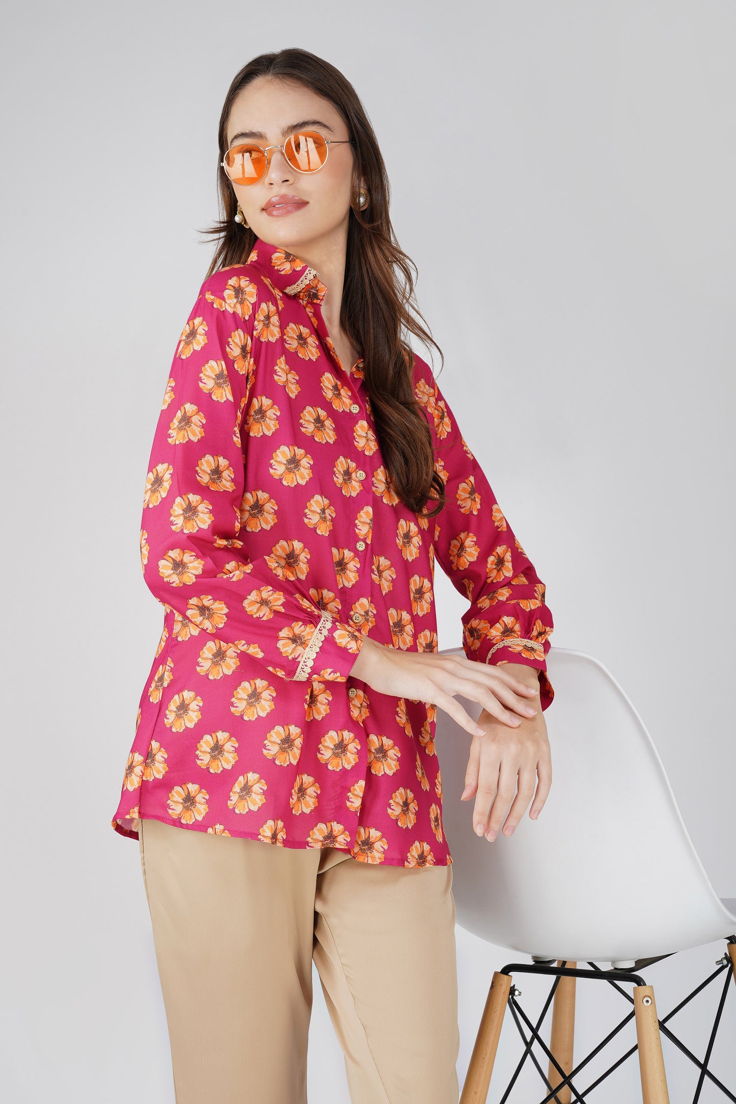 Phool Bright Flowers Shirt with Lace Detail - Pink