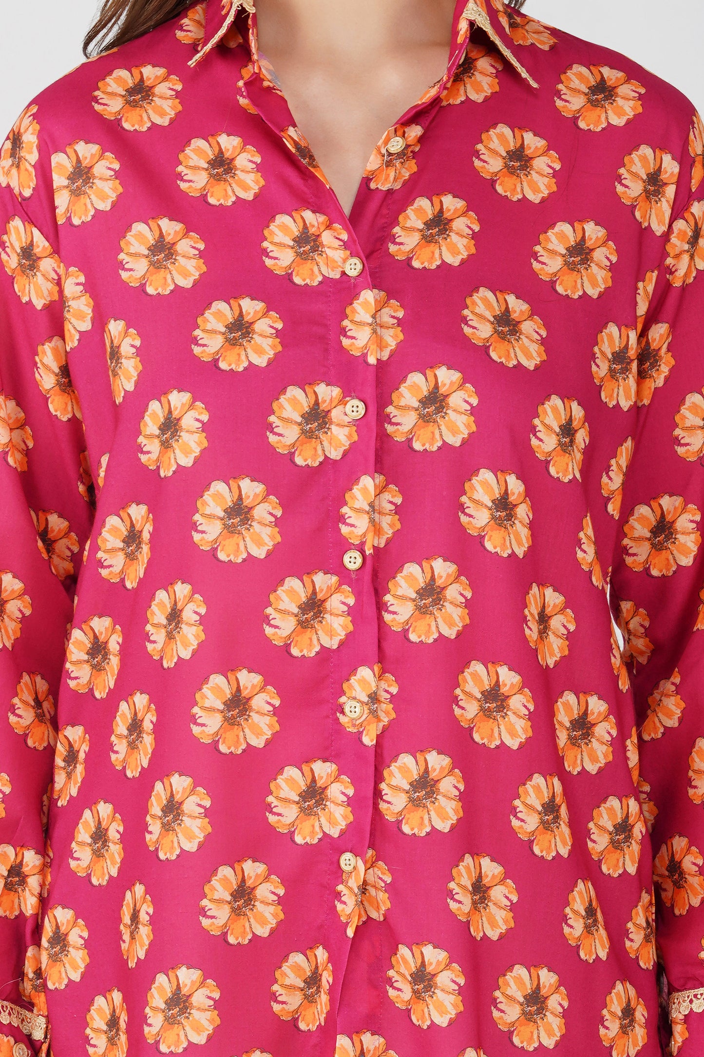 Phool Bright Flowers Shirt with Lace Detail - Pink