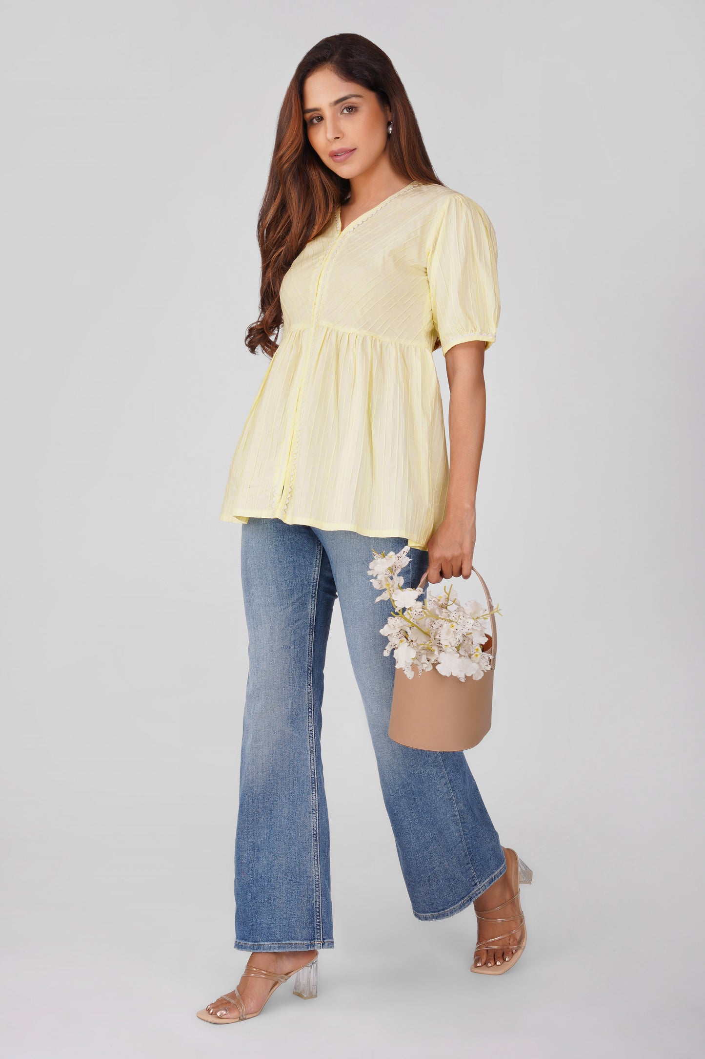 Pastel Yellow Polo Cotton Peplum Top | Bindigasm