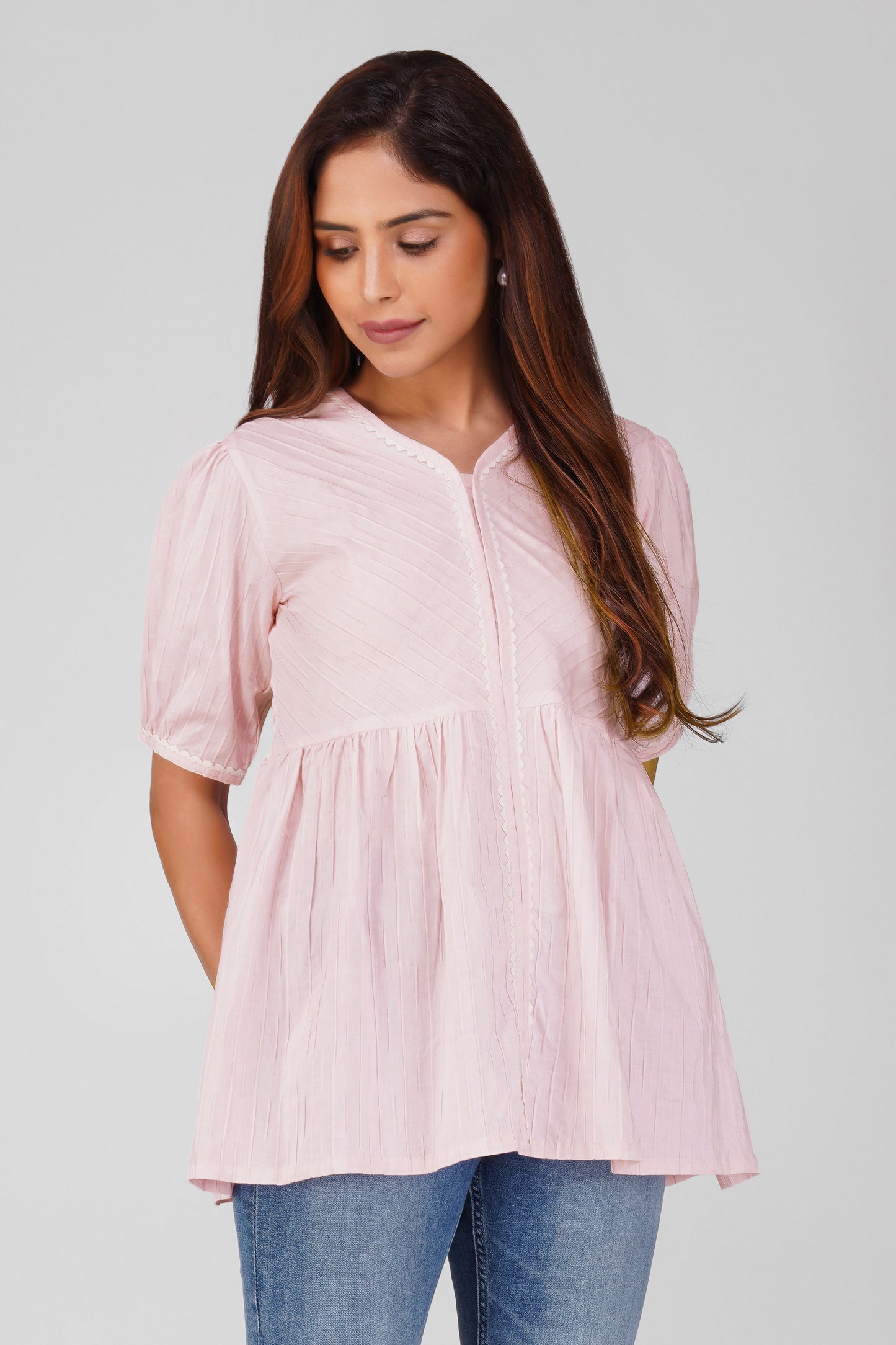 Pastel Pink Polo Cotton Peplum Top | Bindigasm