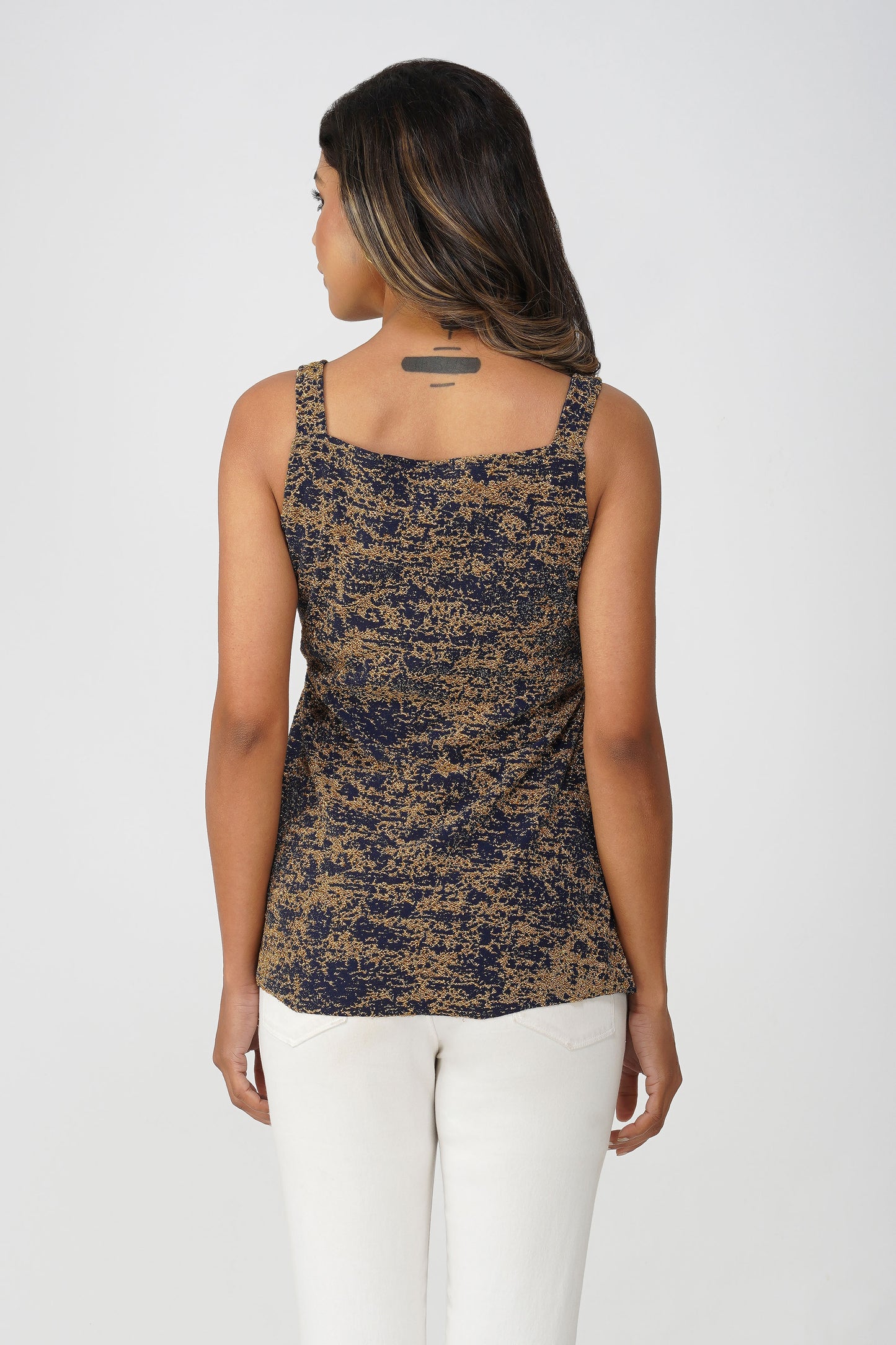 Fiesta Glow Peplum Top – Navy Gold Lurex Sleeveless Partywear