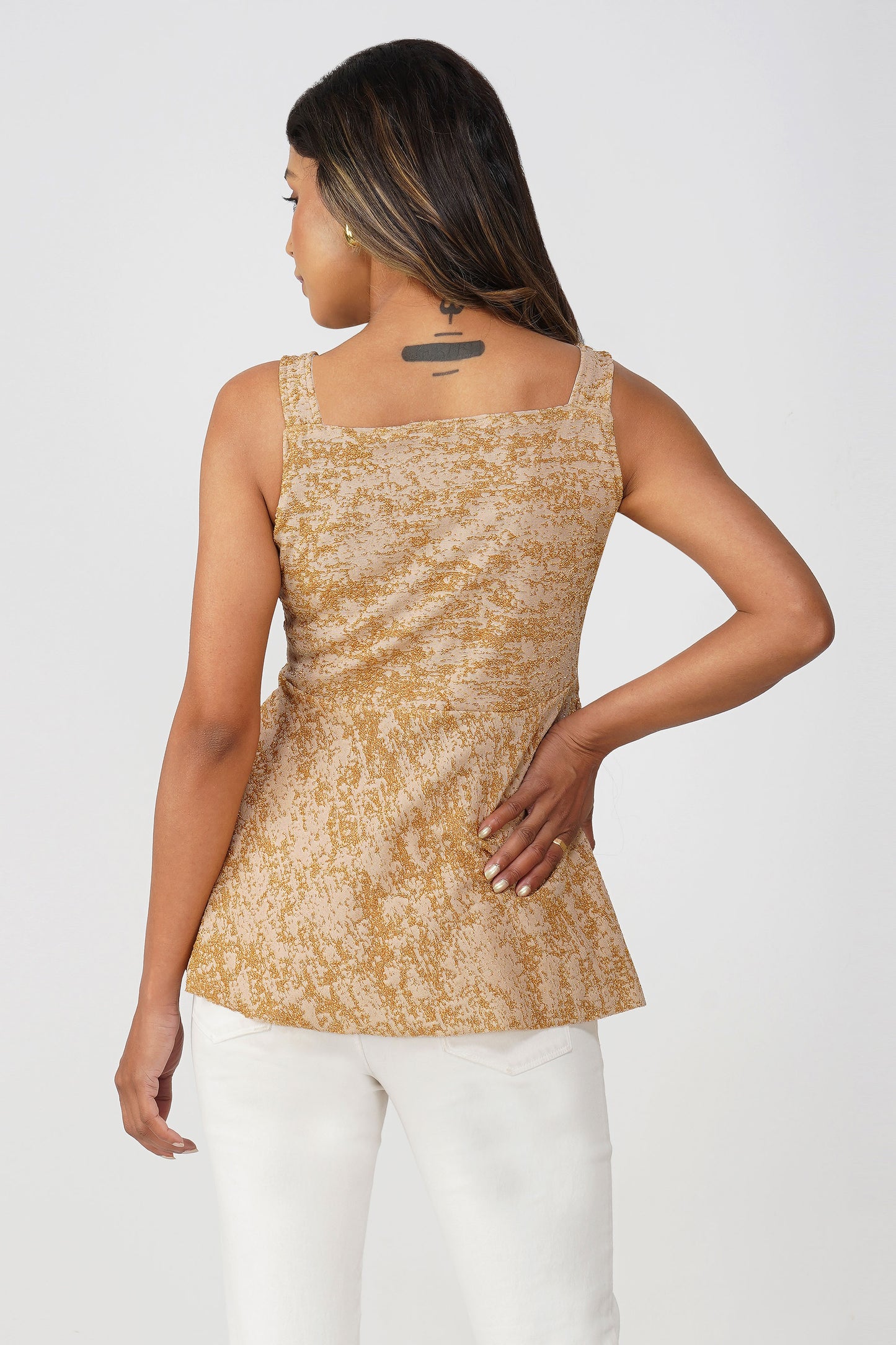 Champagne Glow Peplum Top – Cream & Gold Metallic Partywear