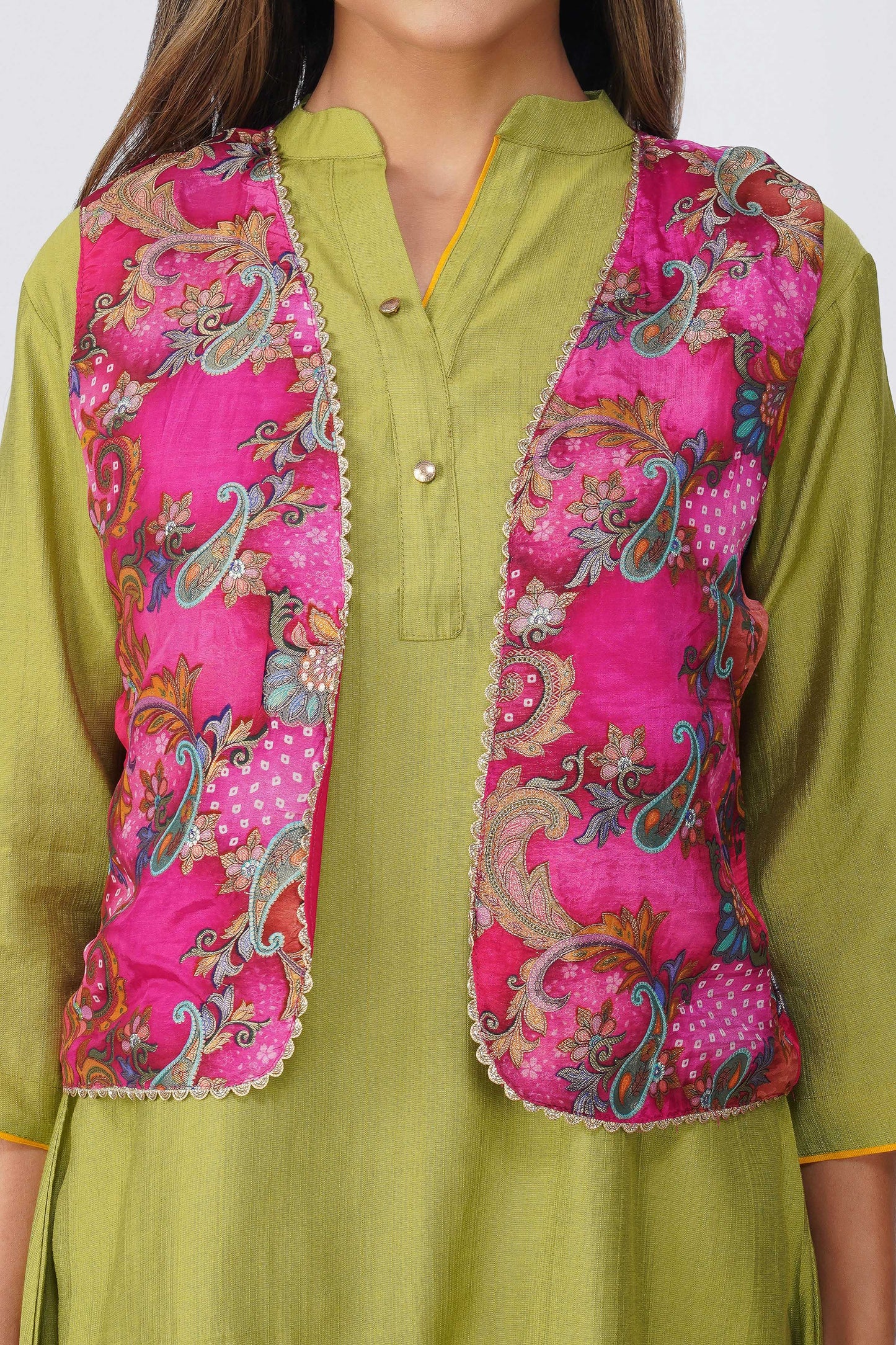 Banarasi Ethnic Jacket in Rani Pink with Gold Lace