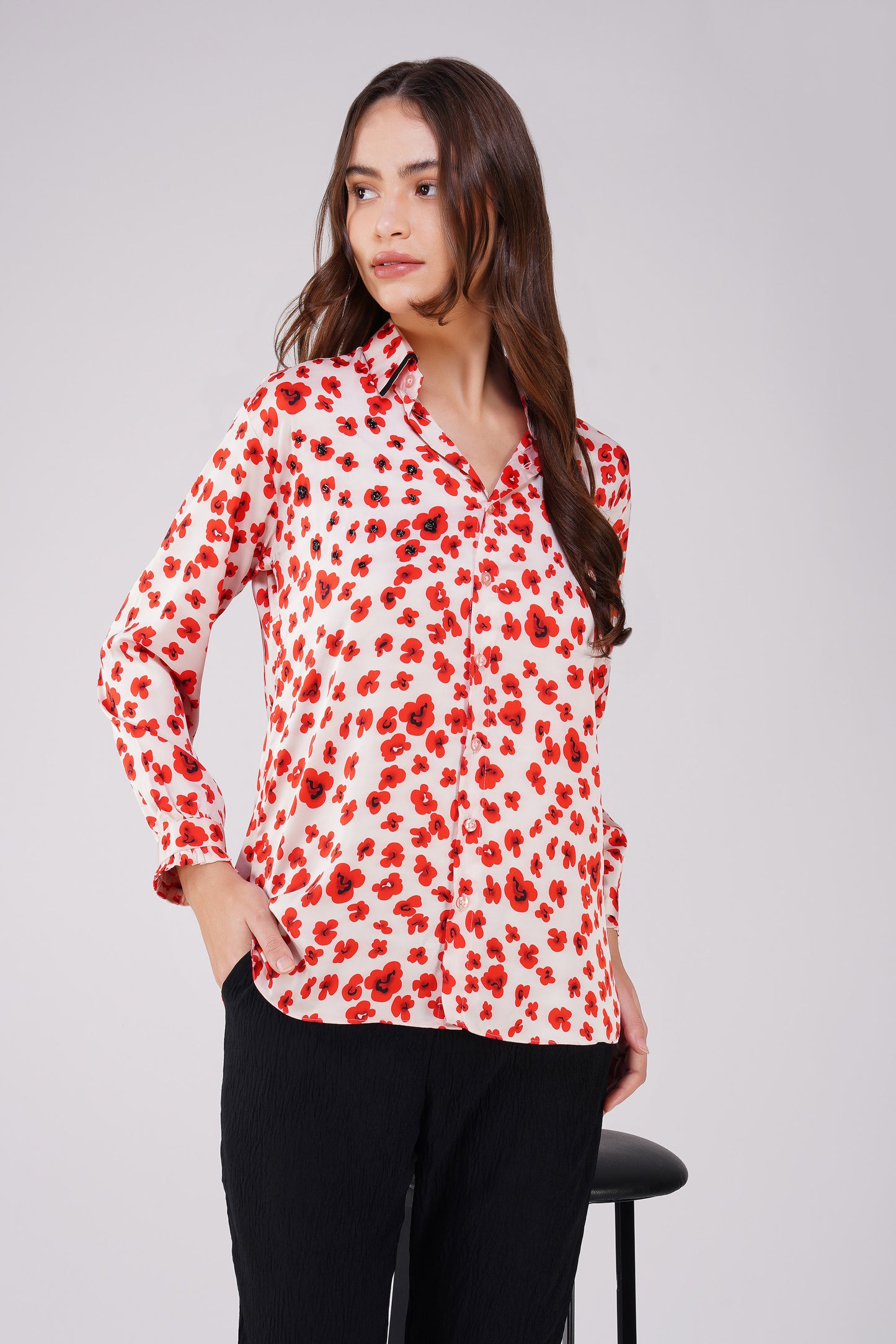 Poppy Red Floral Satin Shirt with Handwork