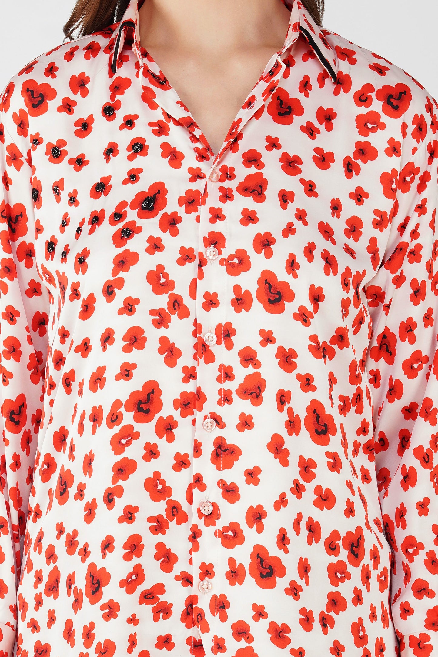 Poppy Red Floral Satin Shirt with Handwork