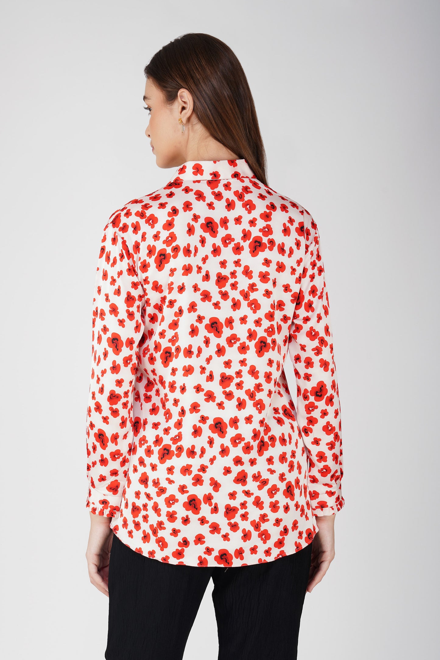 Poppy Red Floral Satin Shirt with Handwork