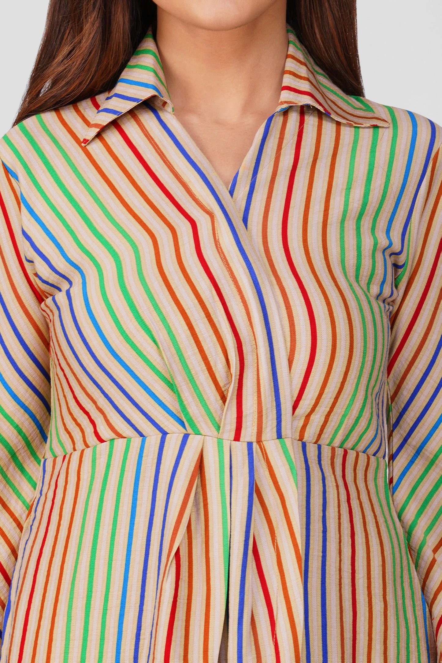 🍭 Nushi Drape Dress – Red & Blue Multistripe