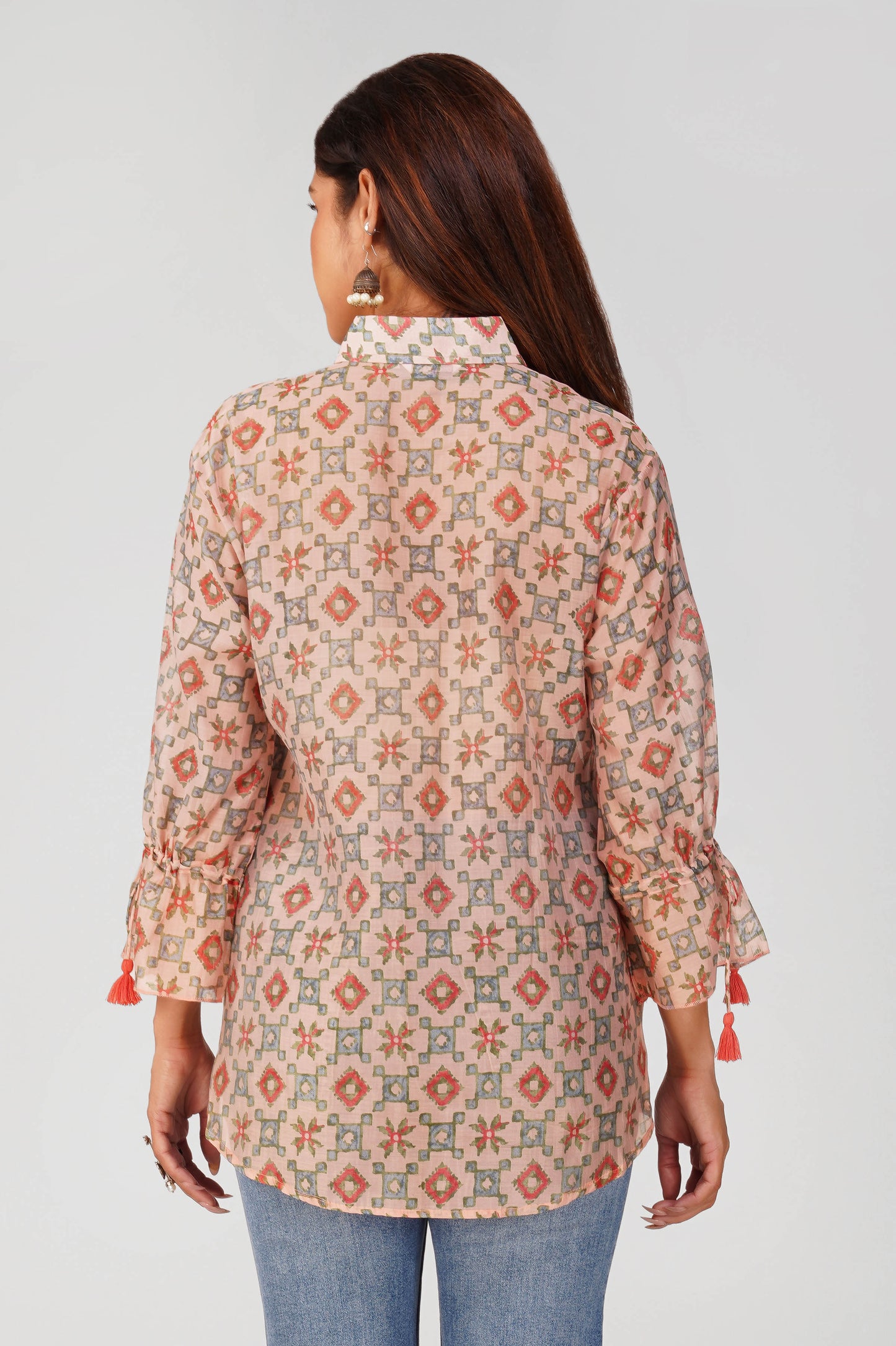 Baawri Pink Chanderi Printed Shirt with Handmade Tassel Detail | Bindigasm