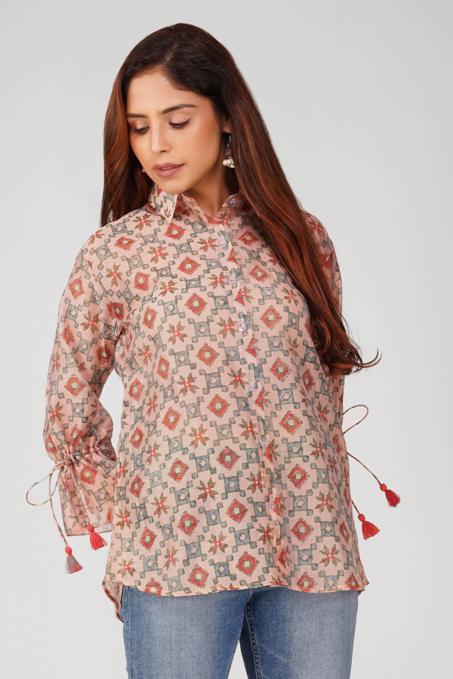 Baawri Pink Chanderi Printed Shirt with Handmade Tassel Detail | Bindigasm