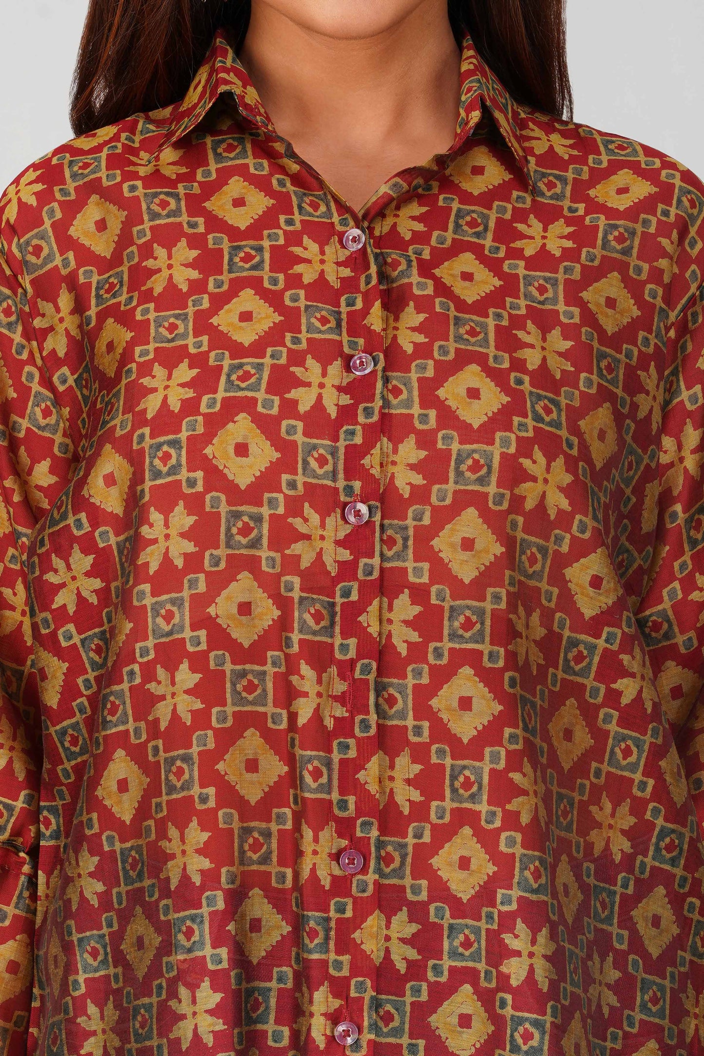 Baawri Maroon Chanderi Printed Shirt with Handmade Tassel Detail | Bindigasm