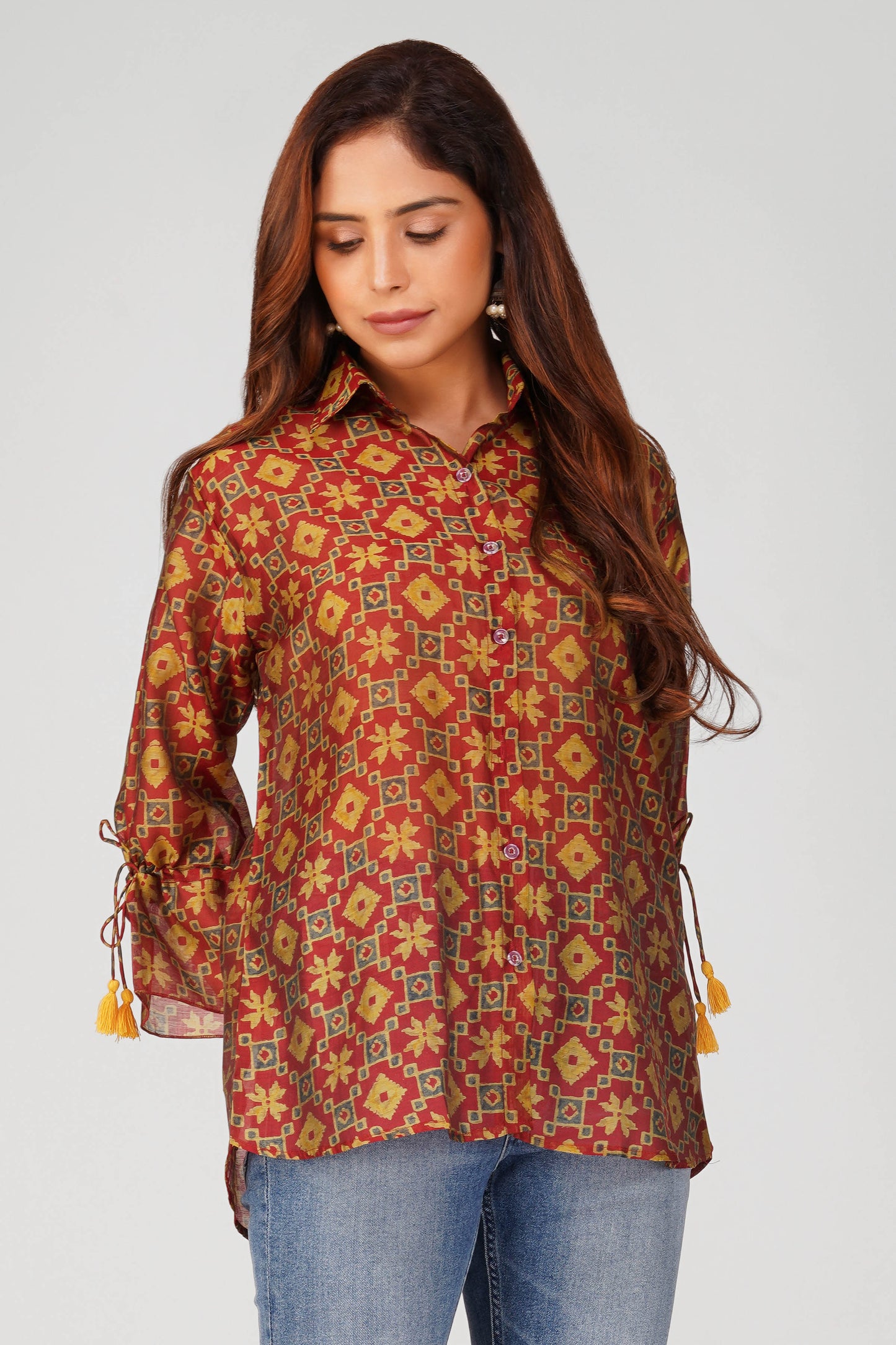 Baawri Maroon Chanderi Printed Shirt with Handmade Tassel Detail | Bindigasm