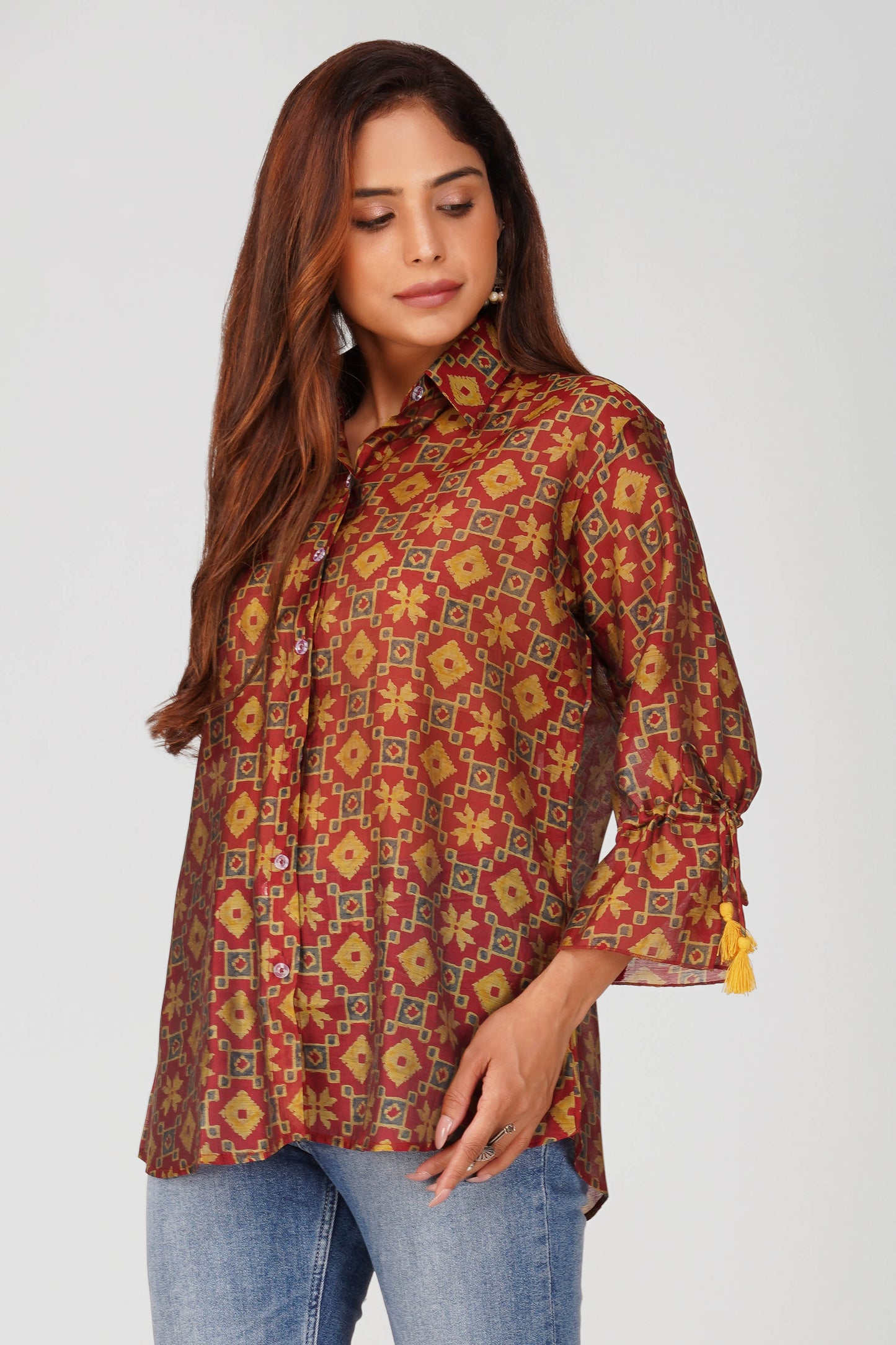 Baawri Maroon Chanderi Printed Shirt with Handmade Tassel Detail | Bindigasm