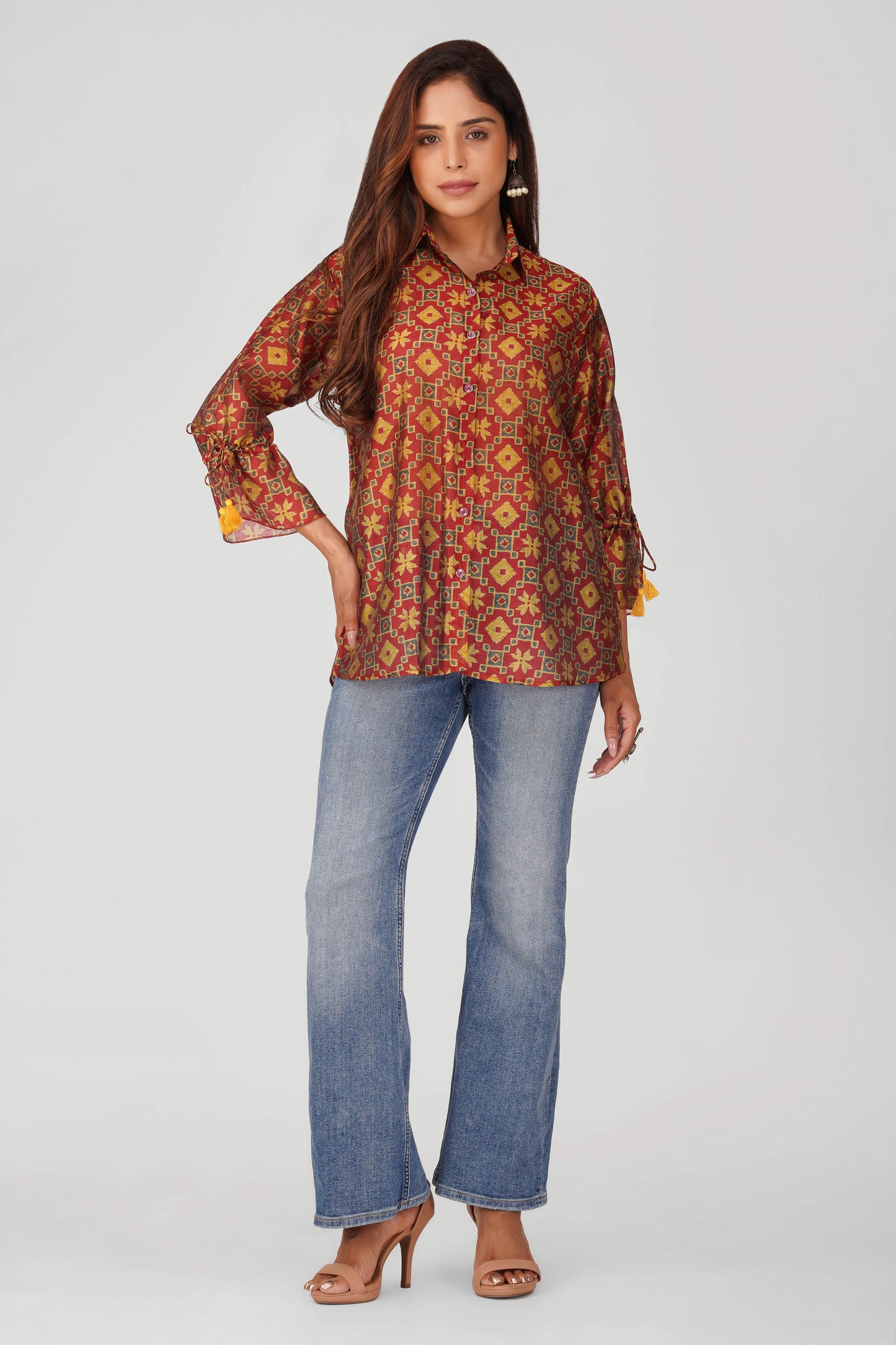 Baawri Maroon Chanderi Printed Shirt with Handmade Tassel Detail | Bindigasm