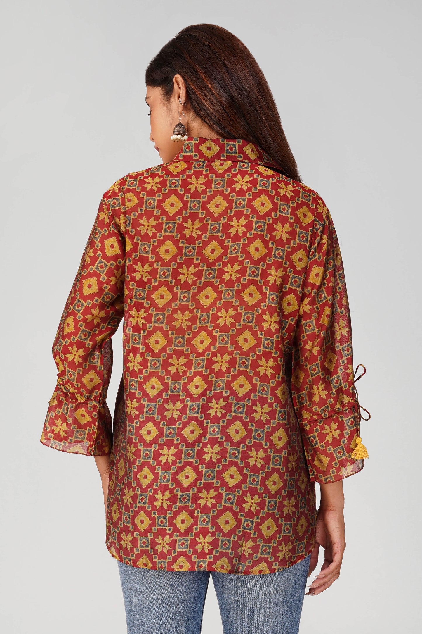 Baawri Maroon Chanderi Printed Shirt with Handmade Tassel Detail | Bindigasm