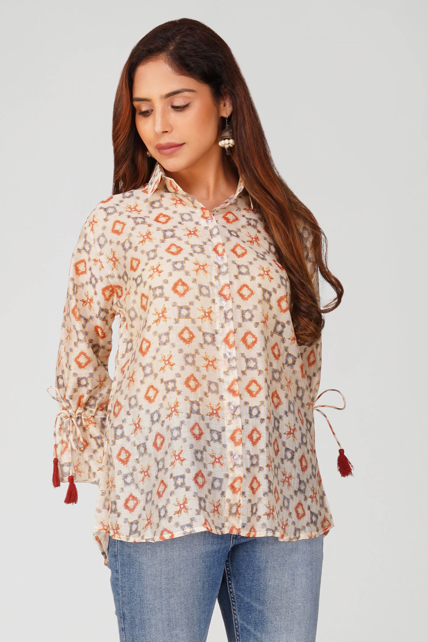Baawri Ivory Chanderi Printed Shirt with Handmade Tassel Detail | Bindigasm