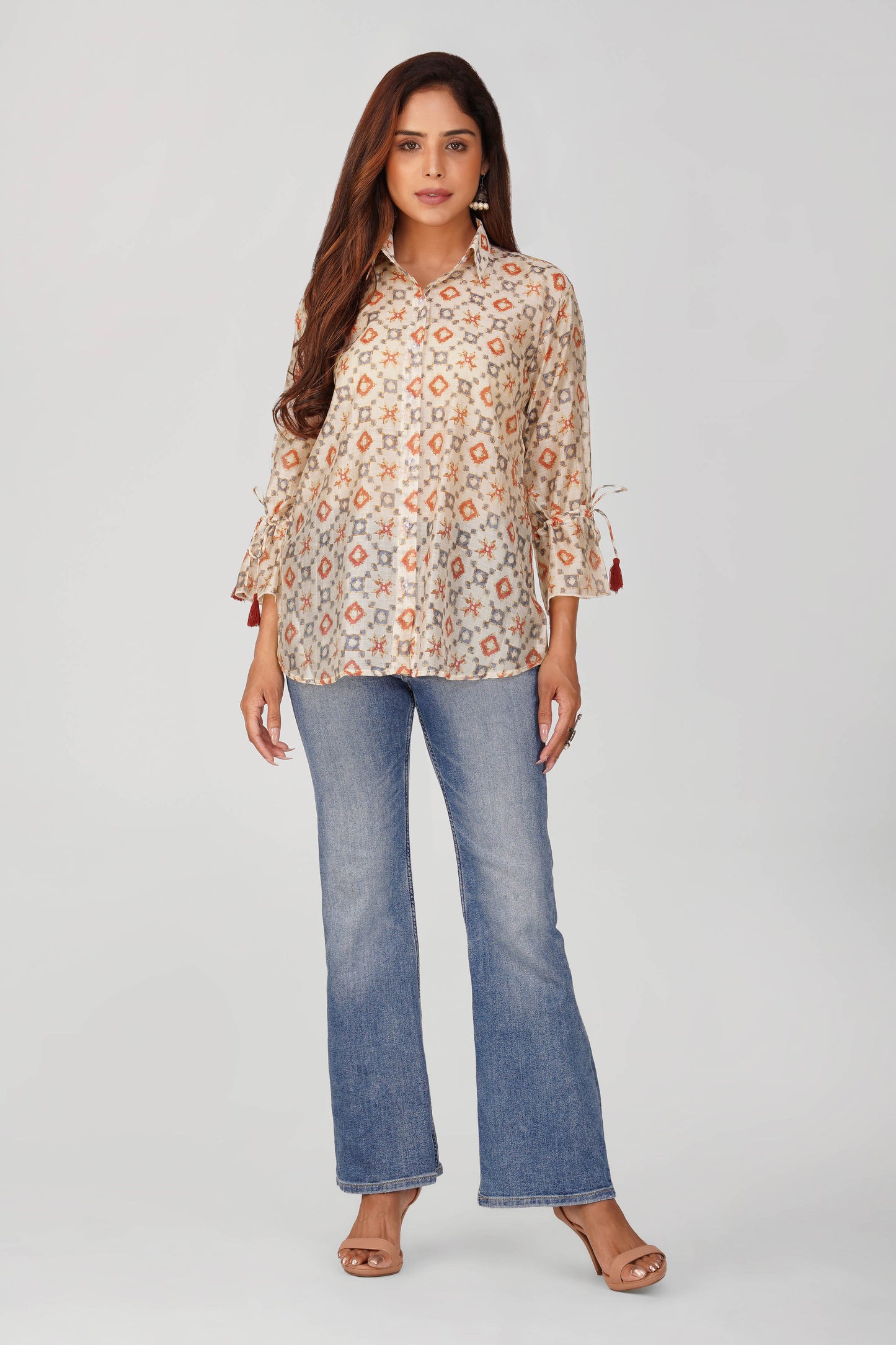 Baawri Ivory Chanderi Printed Shirt with Handmade Tassel Detail | Bindigasm