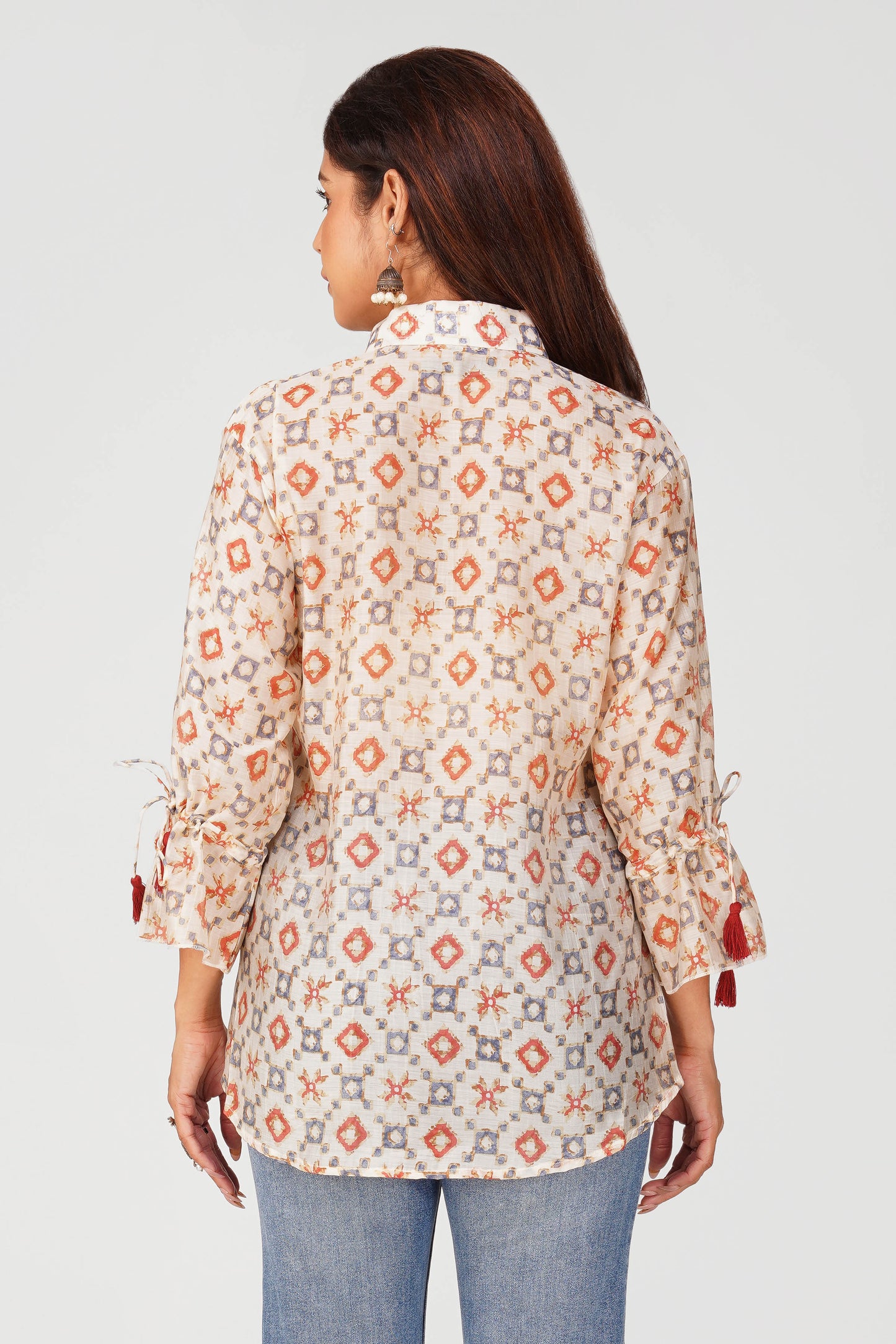 Baawri Ivory Chanderi Printed Shirt with Handmade Tassel Detail | Bindigasm