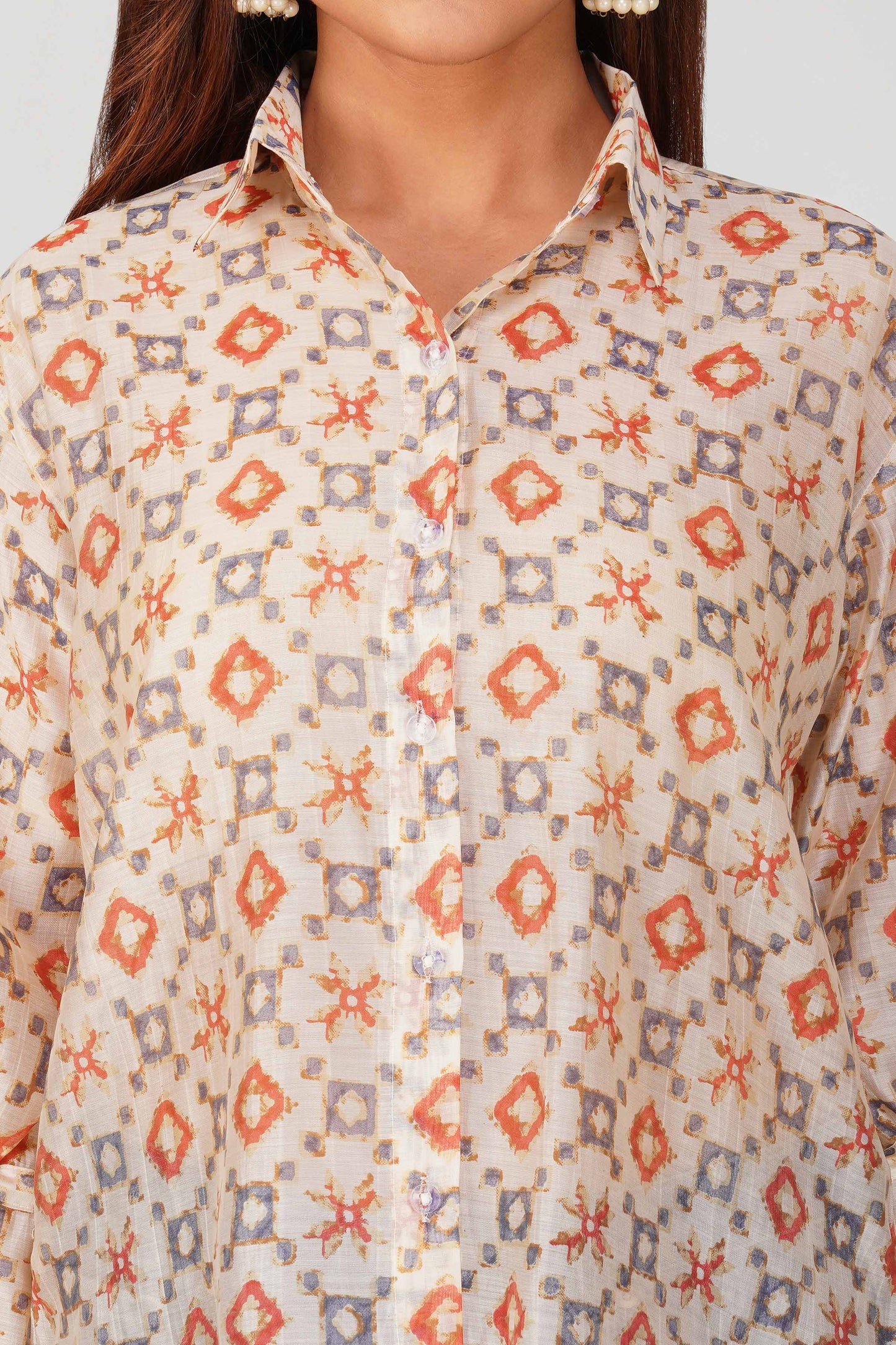 Baawri Ivory Chanderi Printed Shirt with Handmade Tassel Detail | Bindigasm