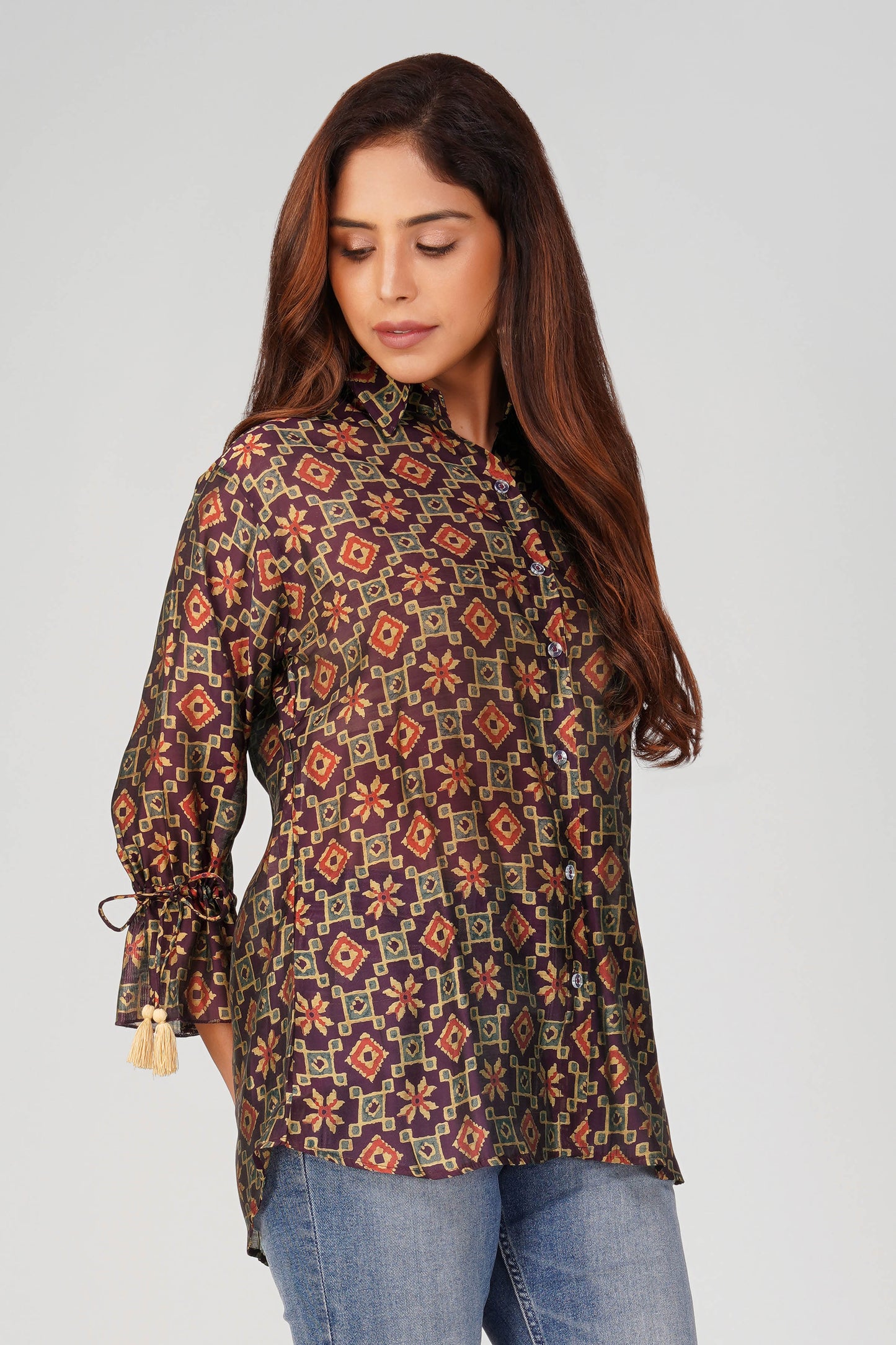 Baawri Purple Chanderi Printed Shirt with Handmade Tassel Detail | Bindigasm