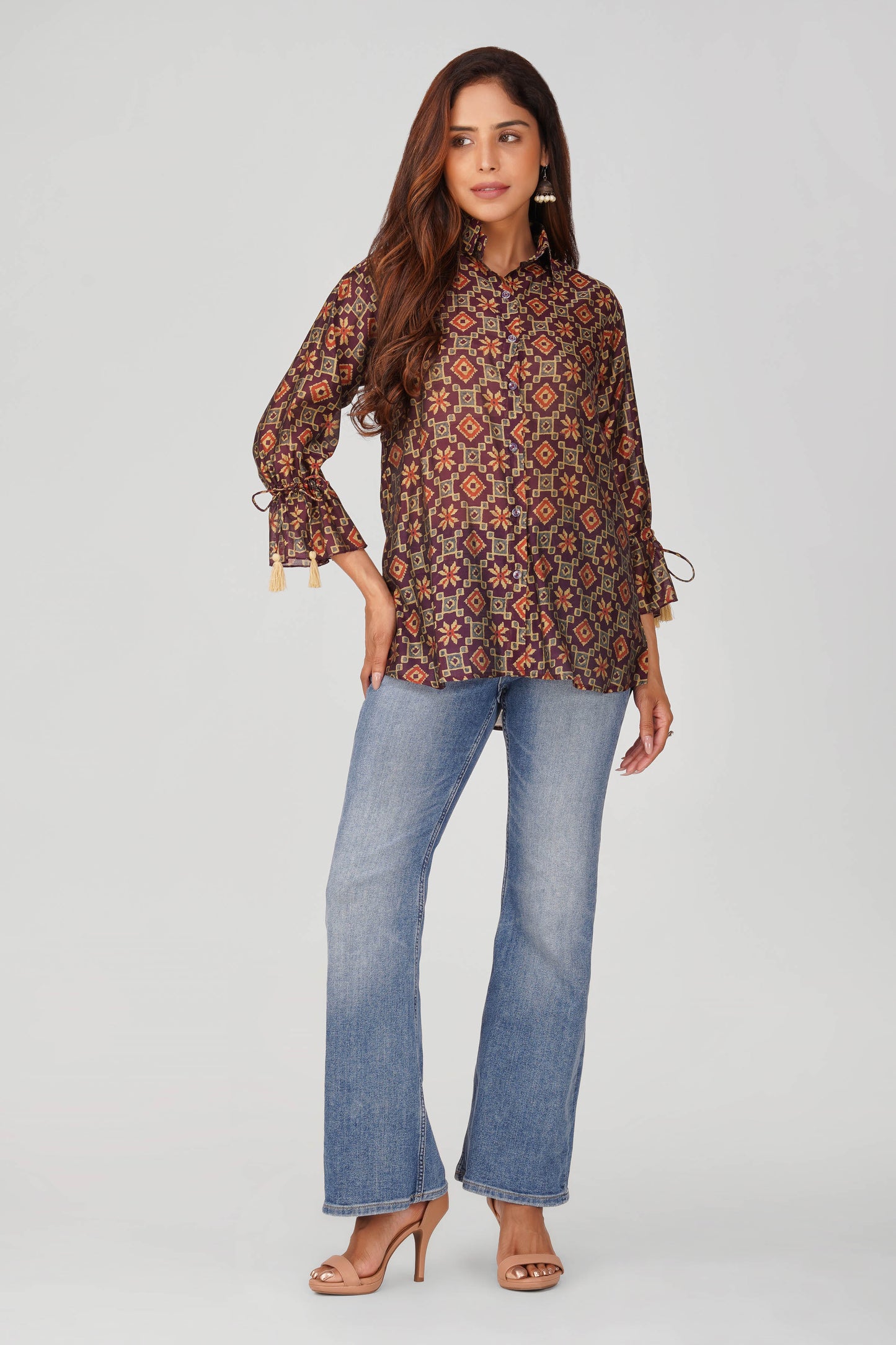 Baawri Purple Chanderi Printed Shirt with Handmade Tassel Detail | Bindigasm