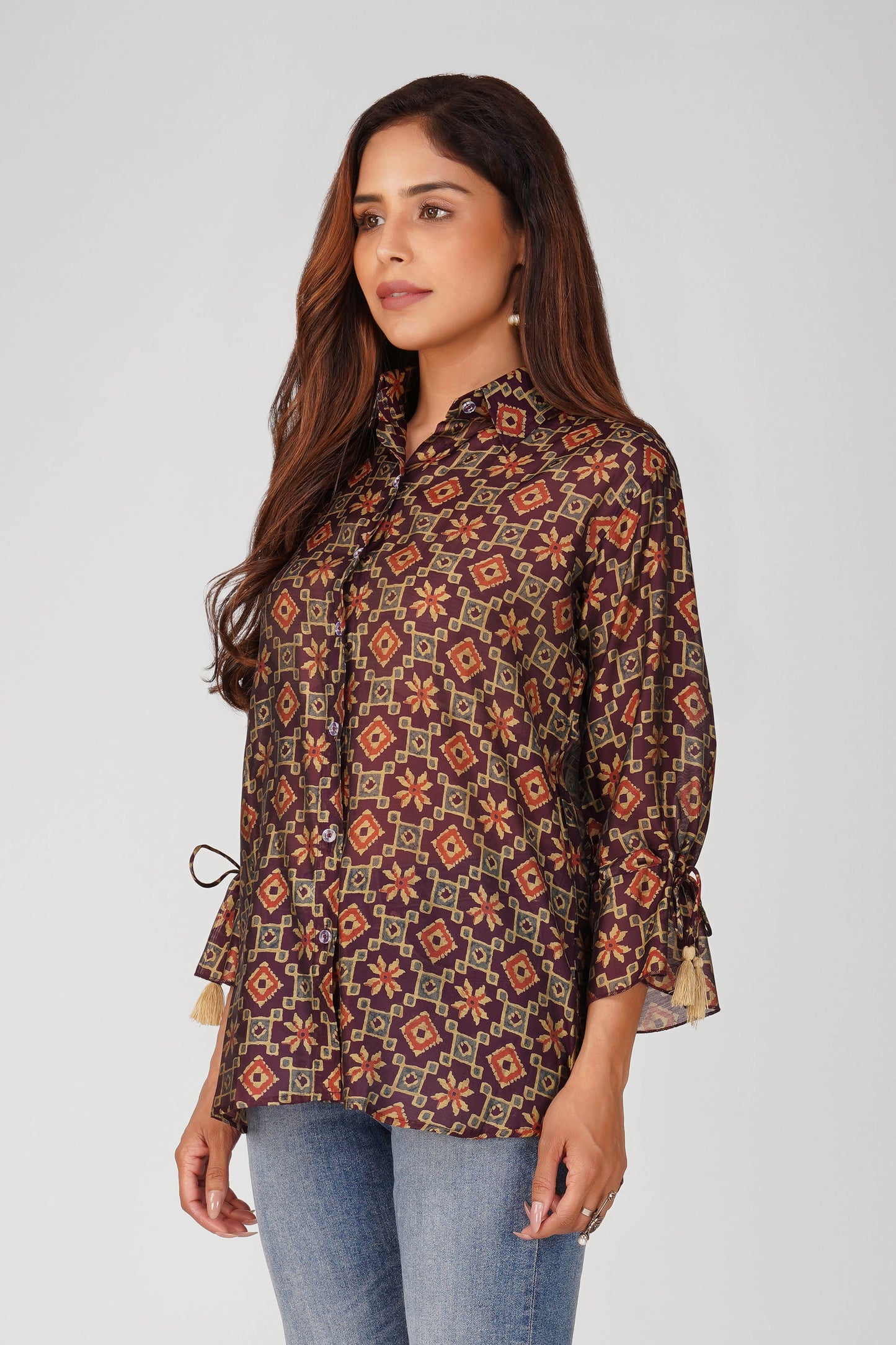 Baawri Purple Chanderi Printed Shirt with Handmade Tassel Detail | Bindigasm