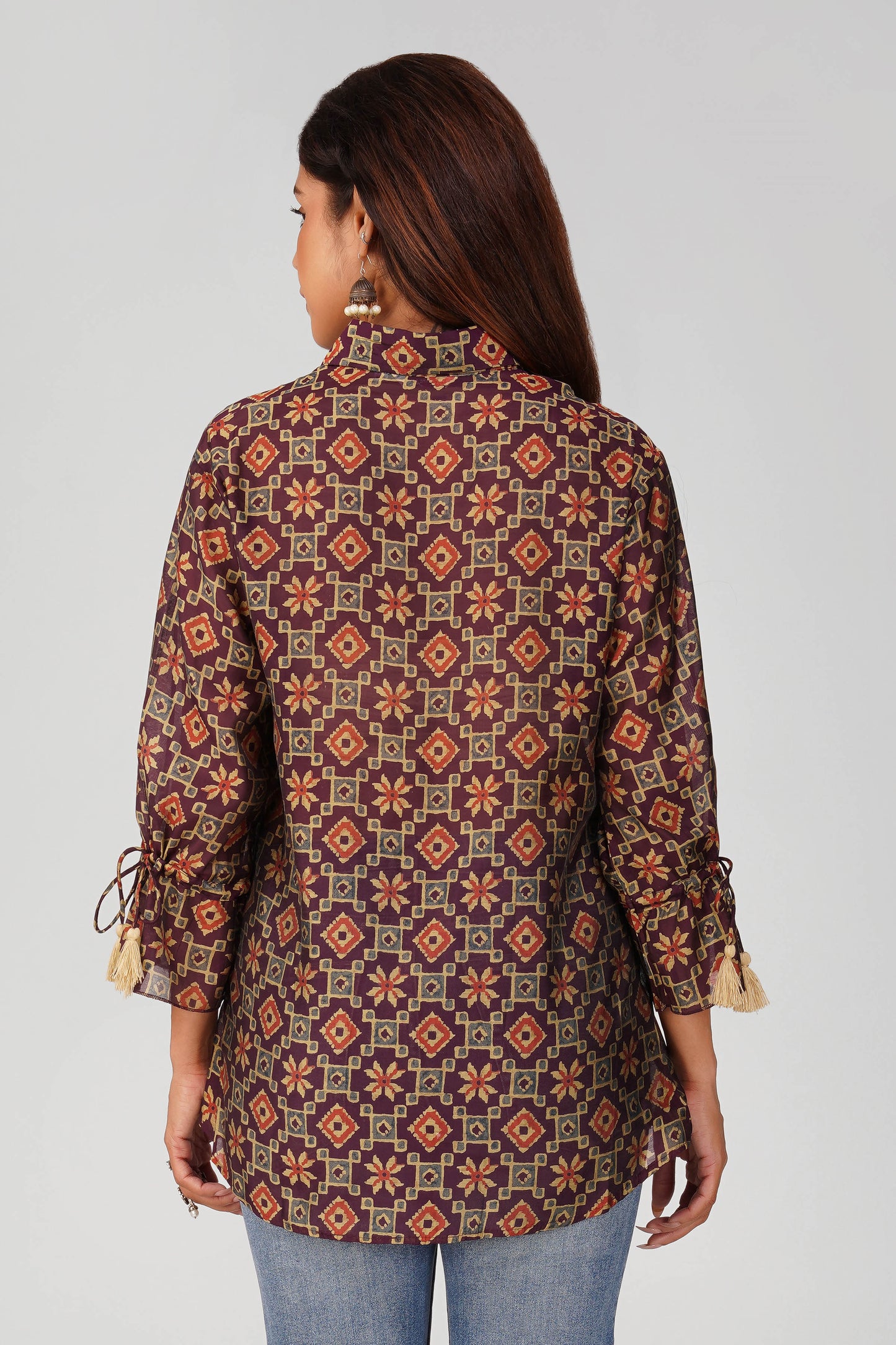 Baawri Purple Chanderi Printed Shirt with Handmade Tassel Detail | Bindigasm