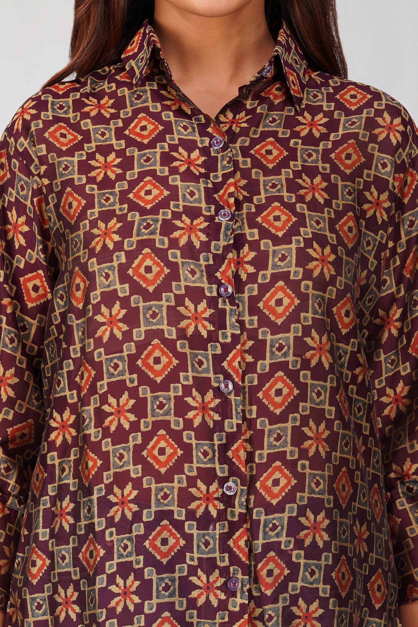 Baawri Purple Chanderi Printed Shirt with Handmade Tassel Detail | Bindigasm