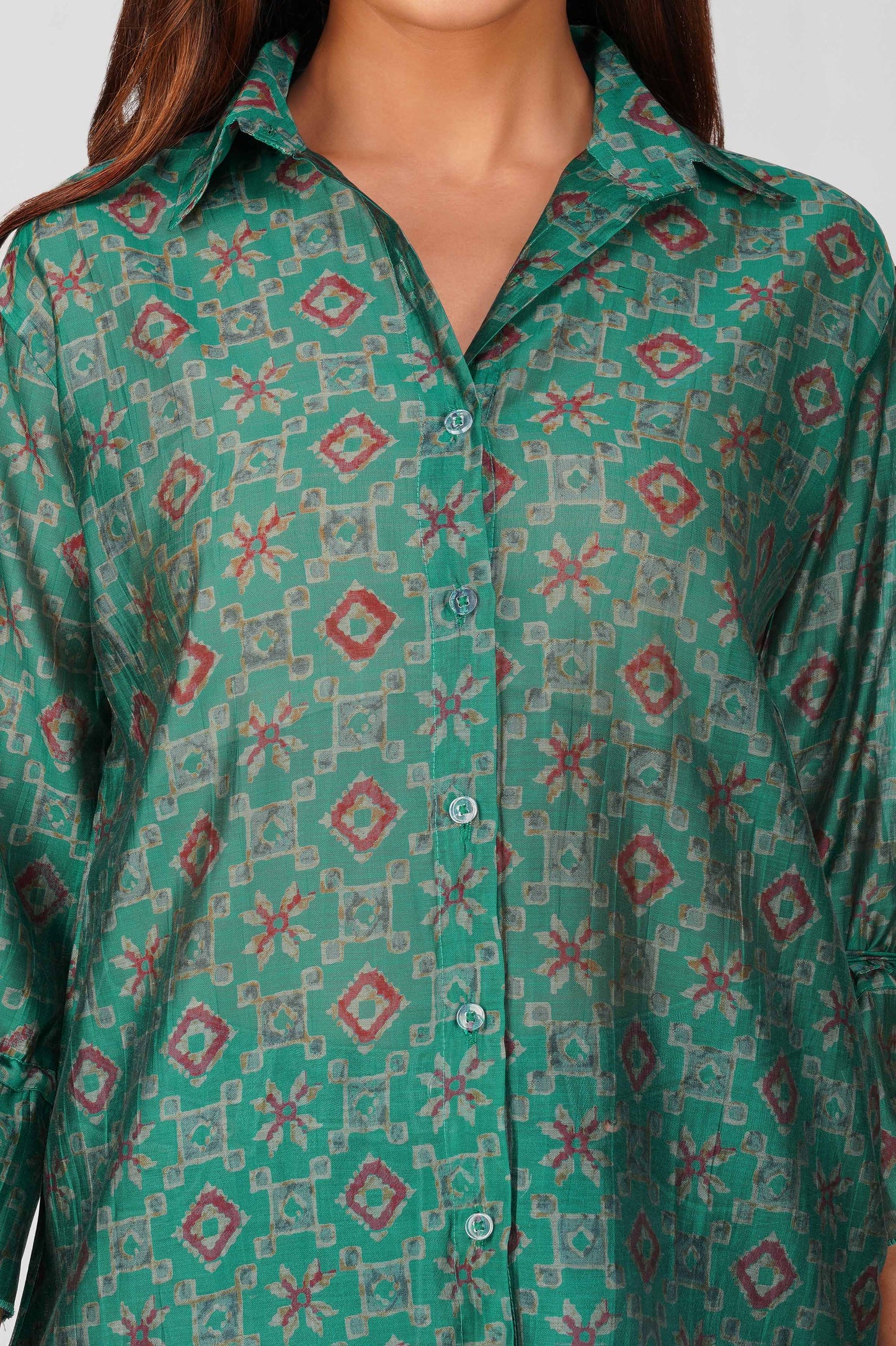 Baawri Rama Green Chanderi Printed Shirt with Handmade Tassel Detail | Bindigasm