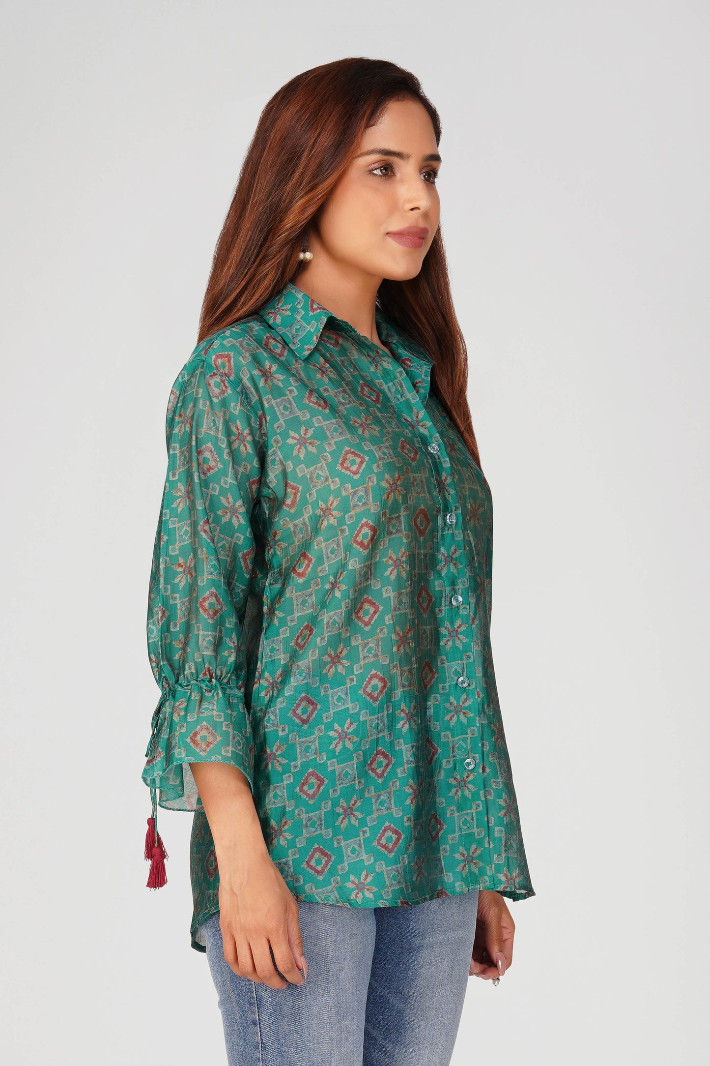 Baawri Rama Green Chanderi Printed Shirt with Handmade Tassel Detail | Bindigasm