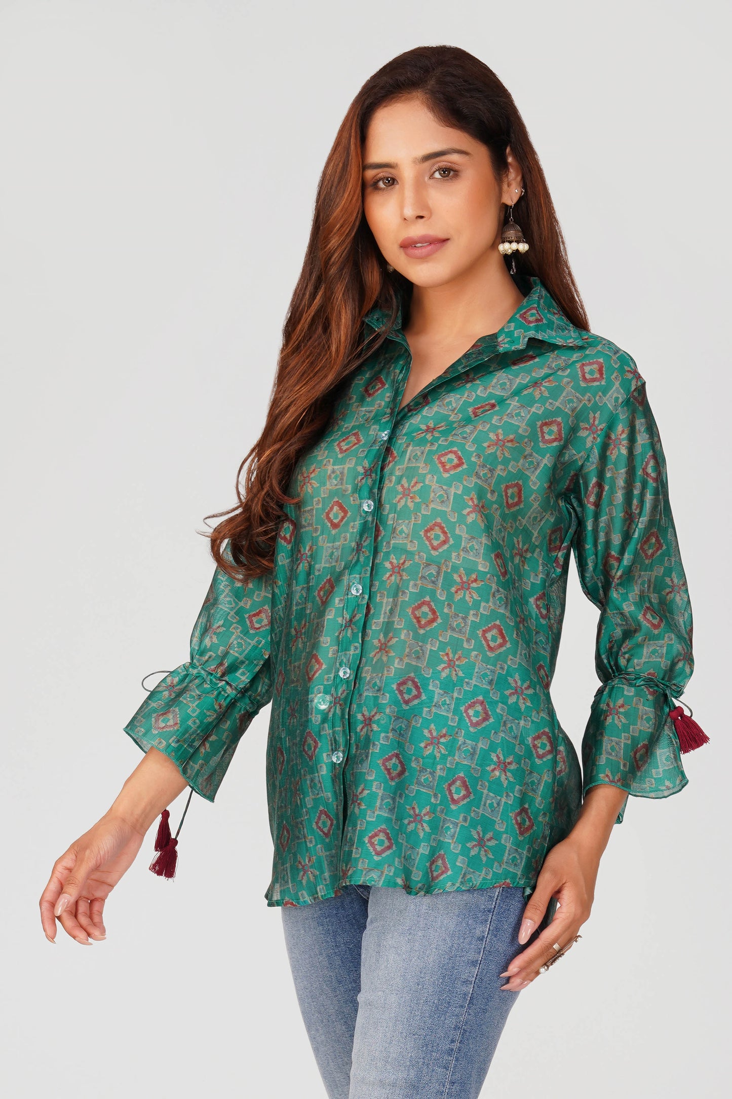 Baawri Rama Green Chanderi Printed Shirt with Handmade Tassel Detail | Bindigasm