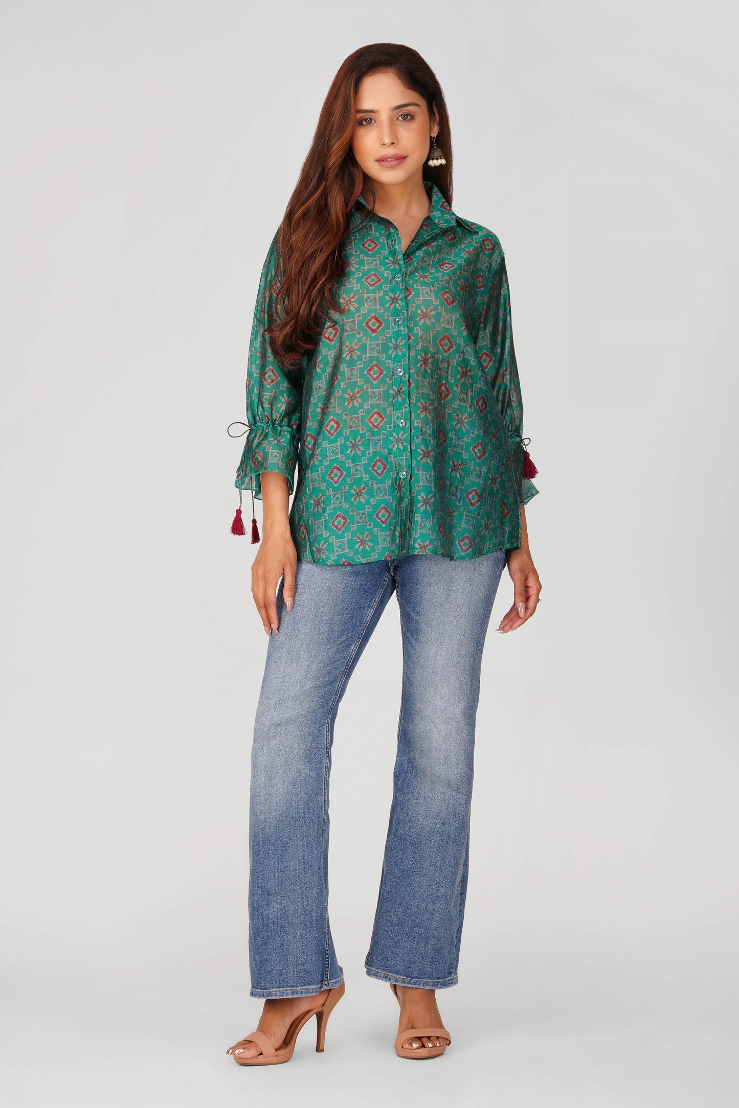 Baawri Rama Green Chanderi Printed Shirt with Handmade Tassel Detail | Bindigasm