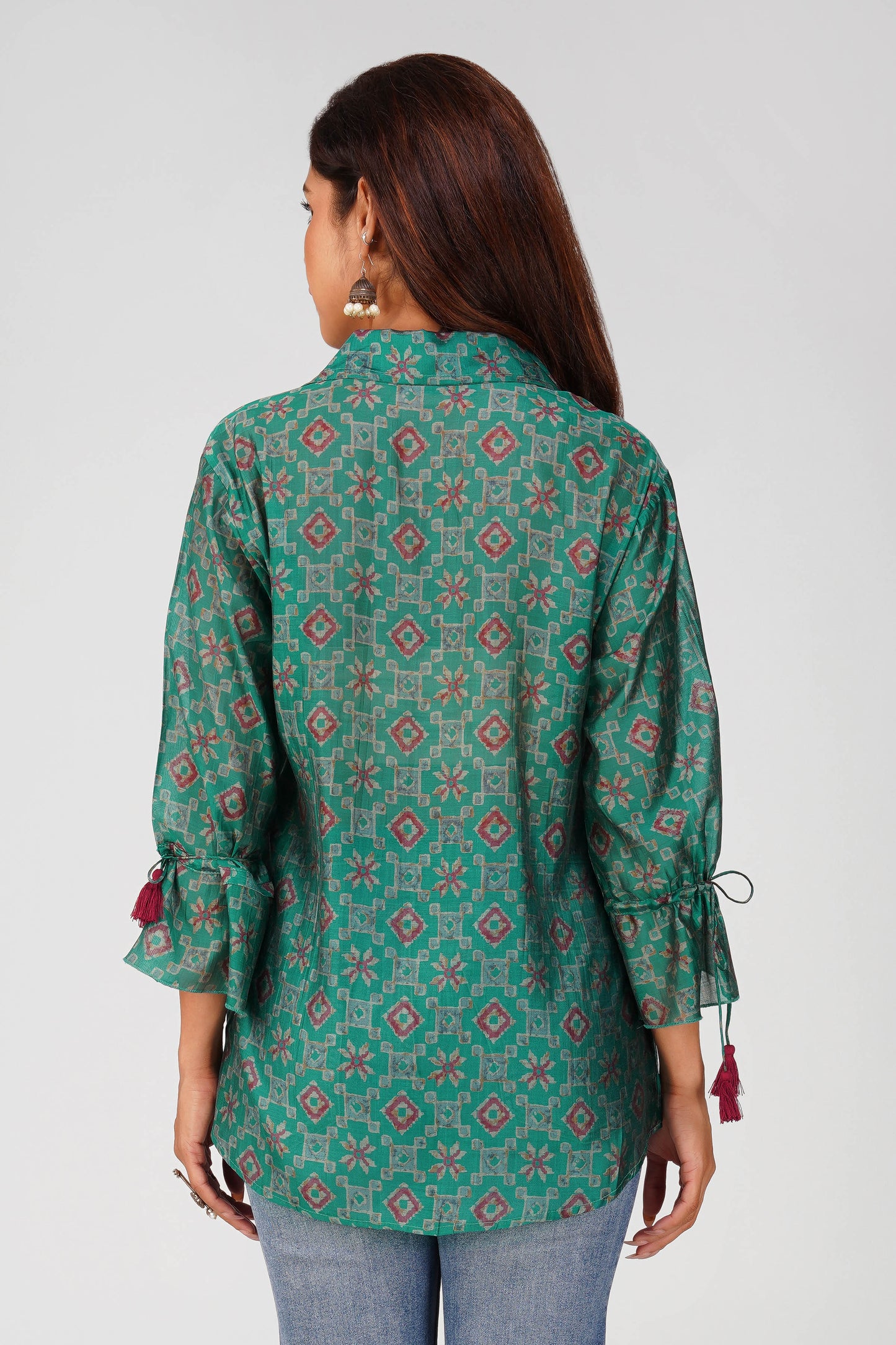 Baawri Rama Green Chanderi Printed Shirt with Handmade Tassel Detail | Bindigasm