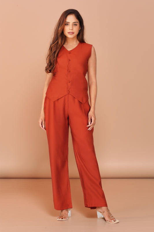 Karma Vest Co-ord Set – Rust Orange Silk Linen Western Casual Wear | Bindigasm