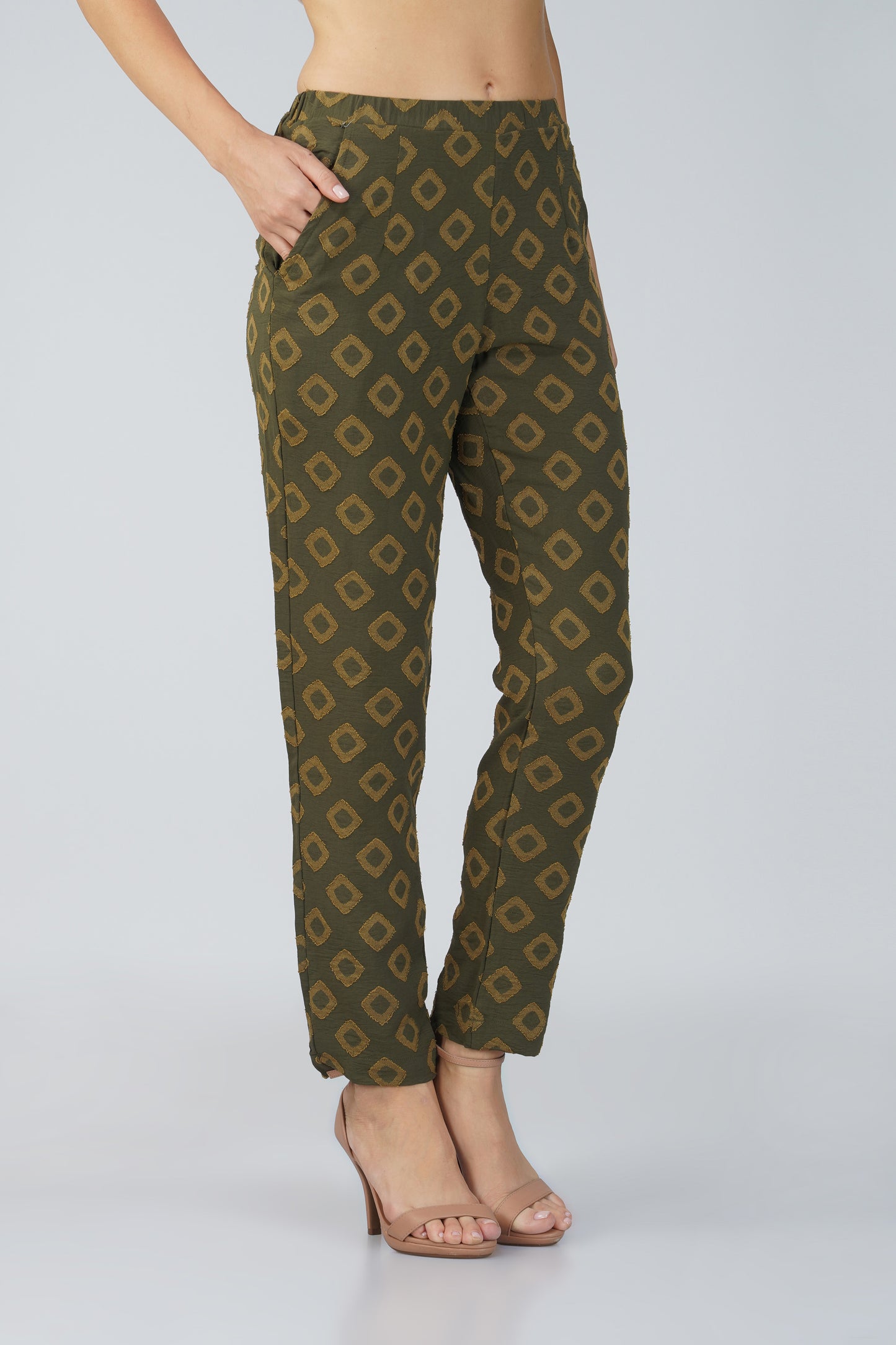 Military Green Jacquard Let's Go Shirt Co-ord Set – Gathered Yoke Shirt with Relaxed Pants