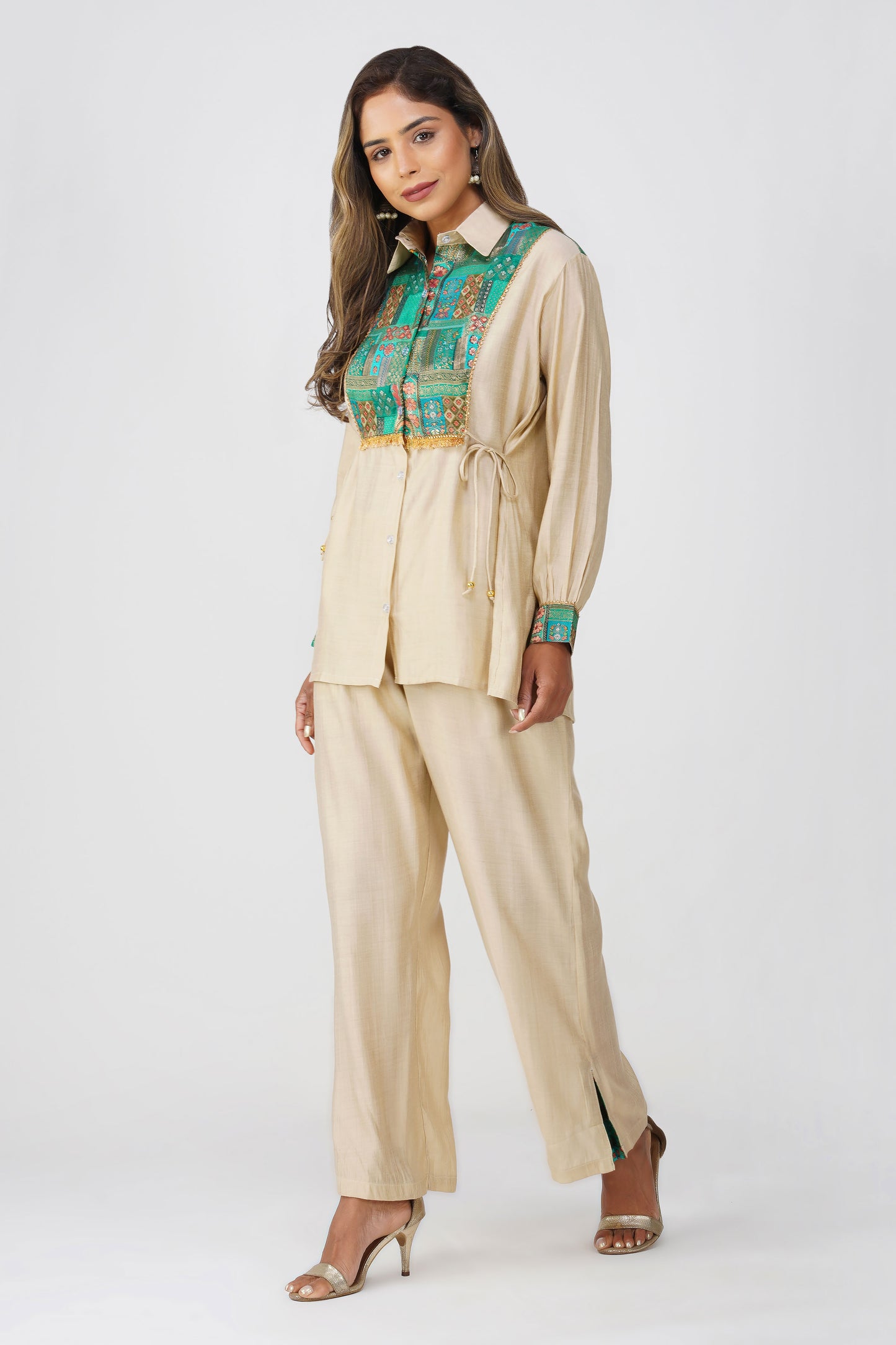 Almond Glow Banarasi Shirt Coord Set - Green