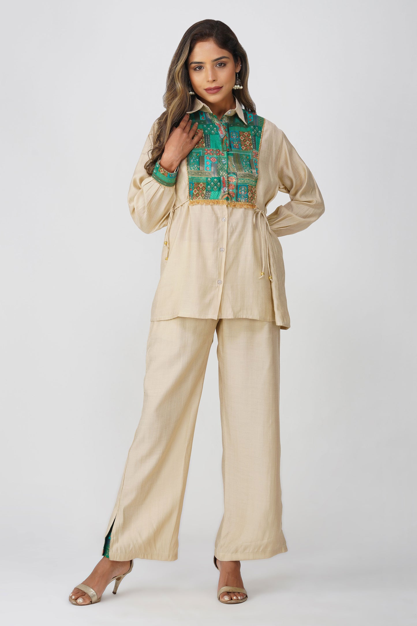 Almond Glow Banarasi Shirt Coord Set - Green