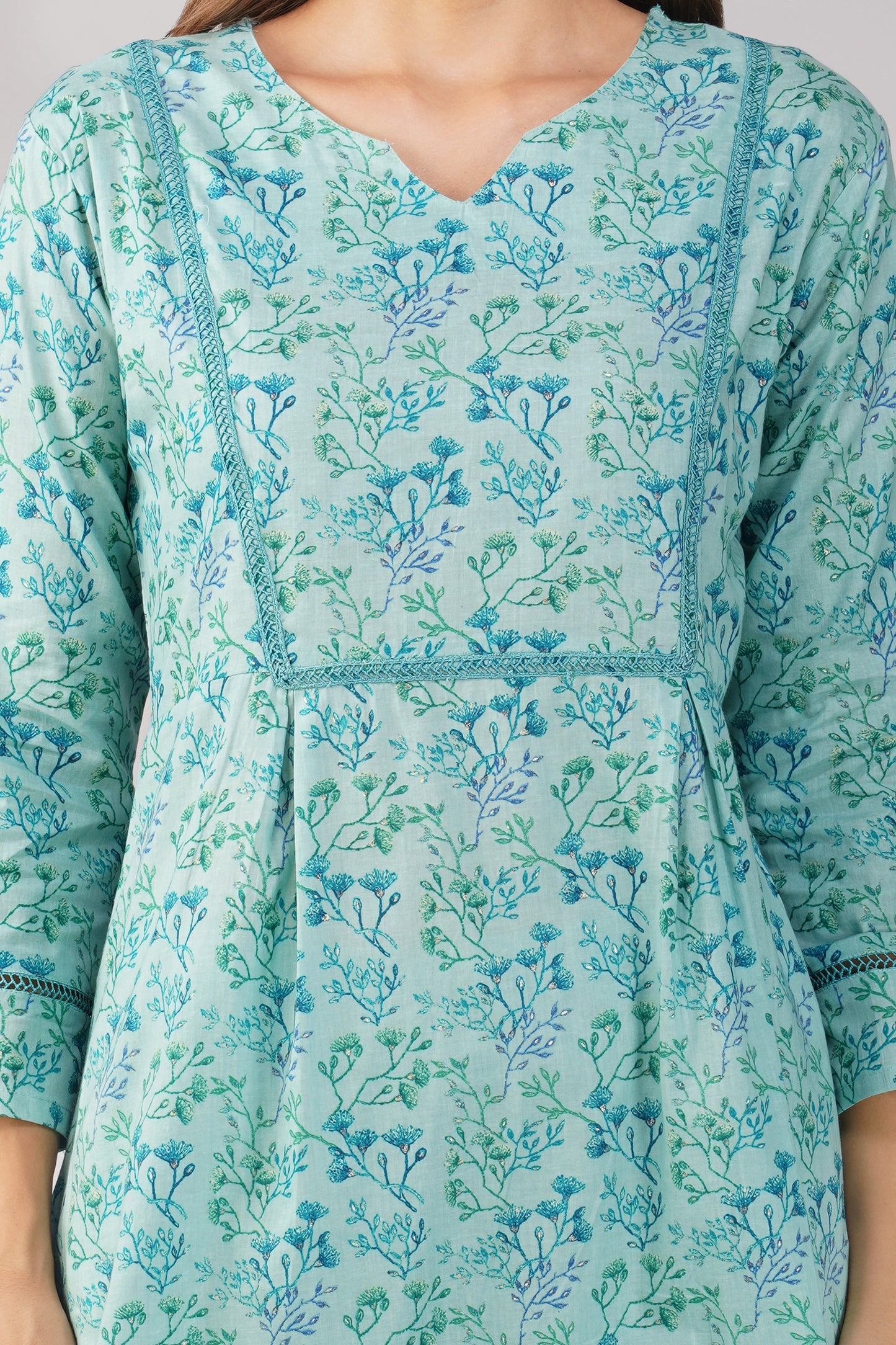 Kajal Sea Blue Cotton Co-ord Set โ Ditsy Print Kurta with Lace Detailing & Pants
