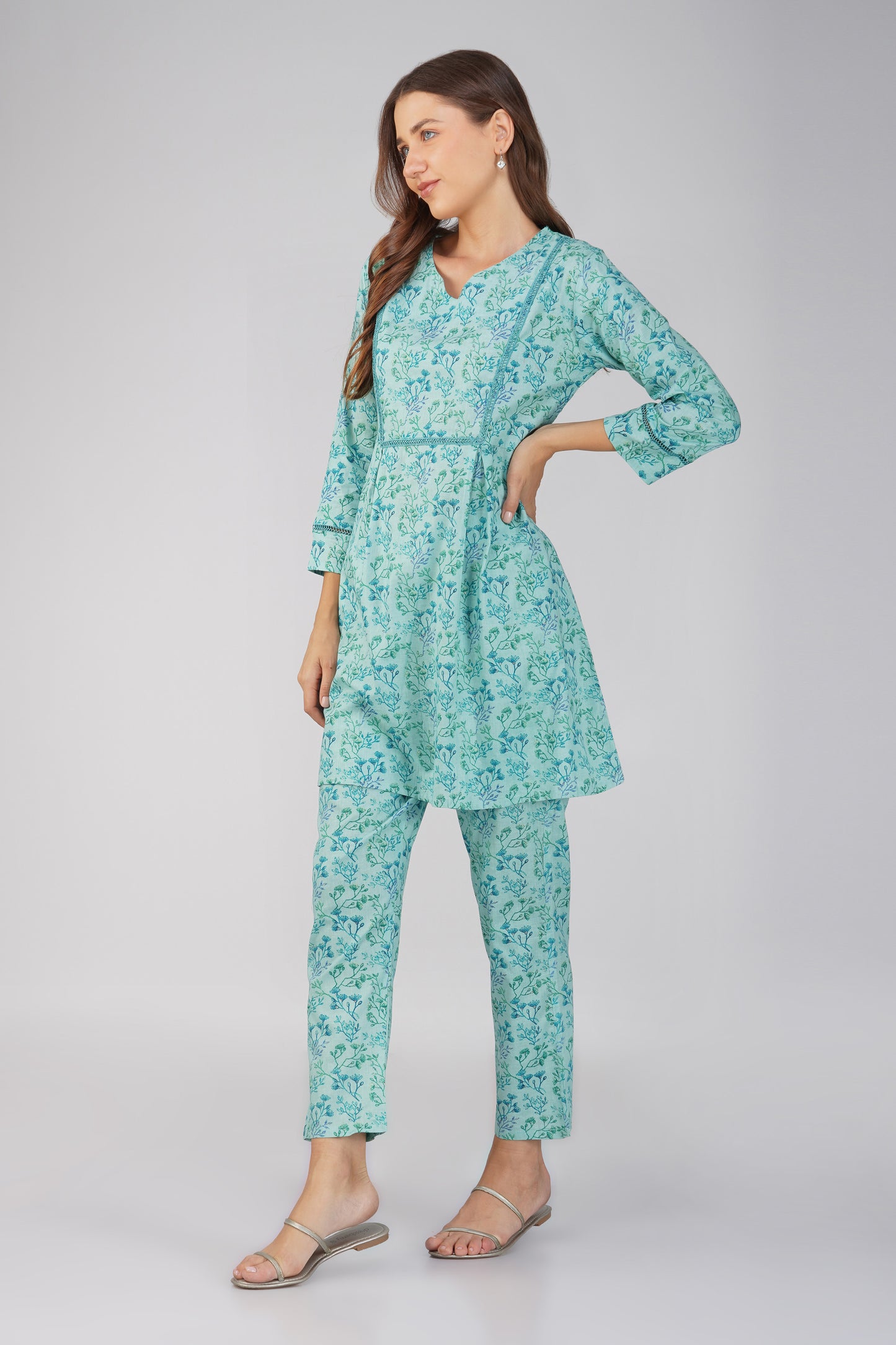 Kajal Sea Blue Cotton Co-ord Set โ Ditsy Print Kurta with Lace Detailing & Pants