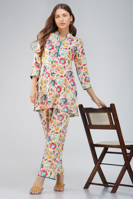 Colour Me Happy Multicolour Tunic Co-ord Set – With Piping Detail & Printed Pants