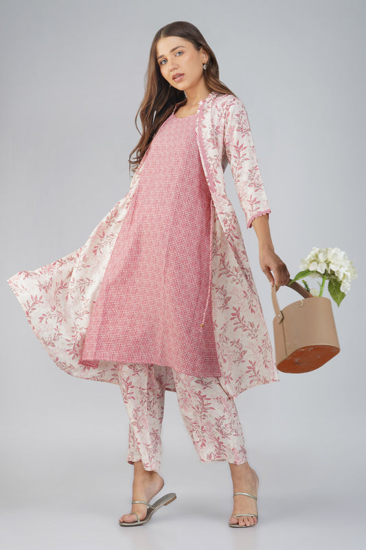 Snigdha Peach Foliage Overlay Kurti Co-ord Set – With Tie-Up Waist & Flared Palazzos