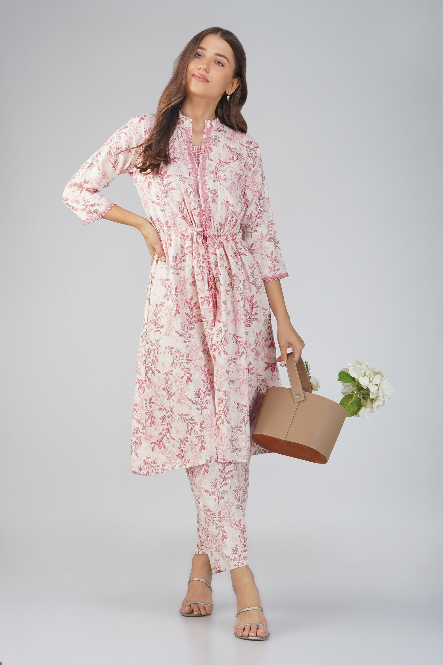 Snigdha Peach Foliage Overlay Kurti Co-ord Set – With Tie-Up Waist & Flared Palazzos