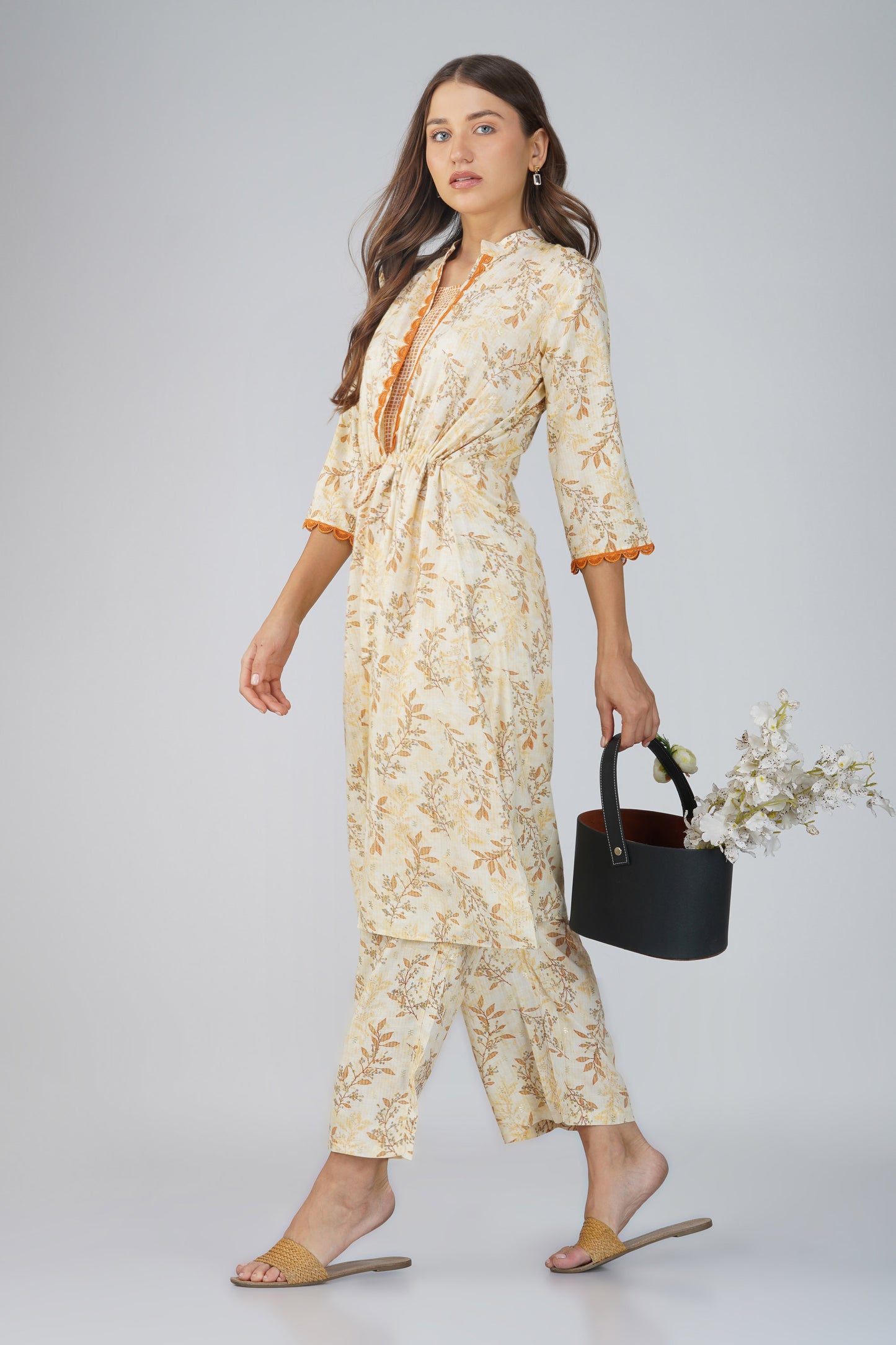 Snigdha Yellow Overlay Kurti Co-ord Set – Foliage Print with Tie-Up Waist & Palazzos