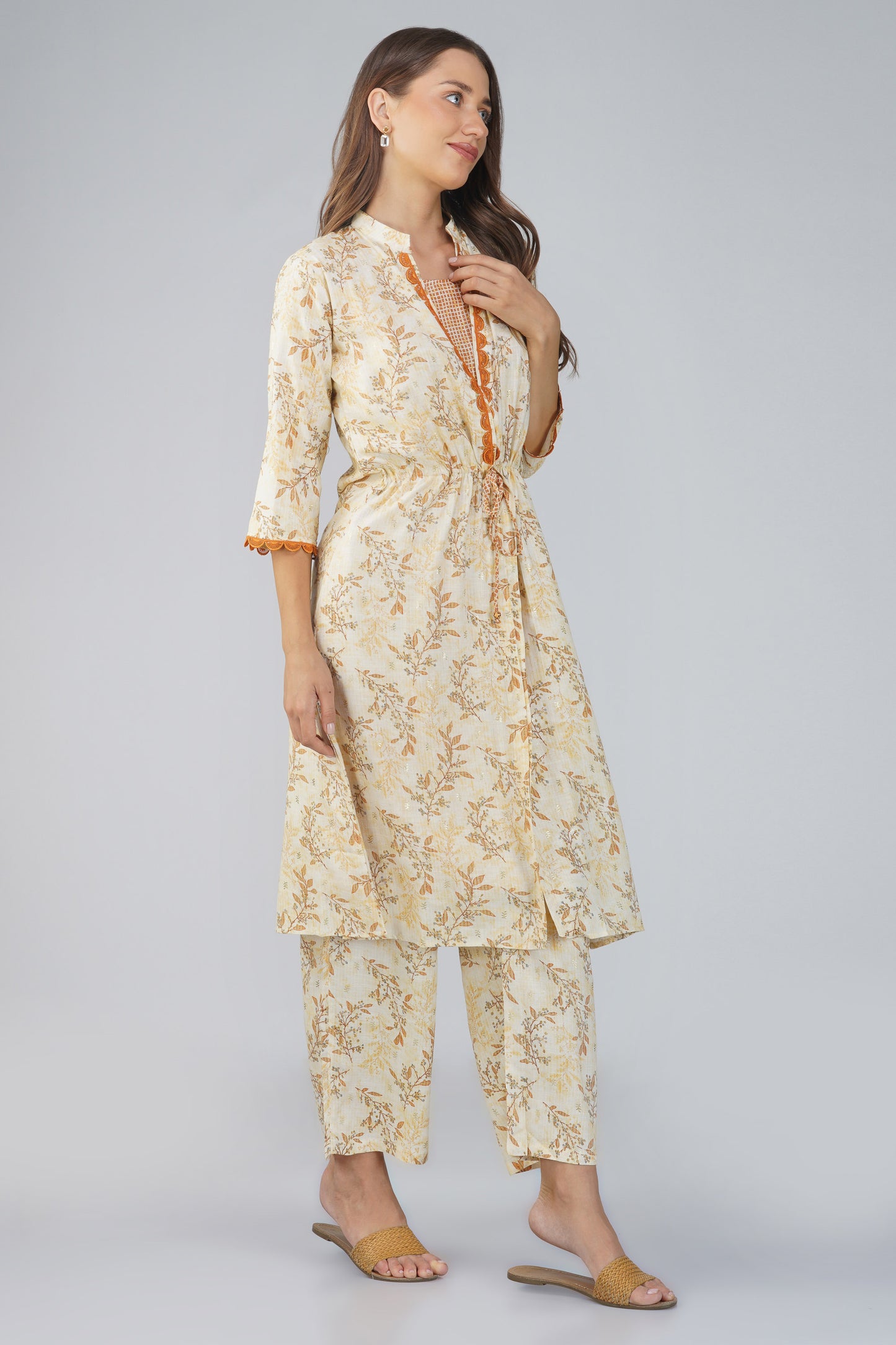 Snigdha Yellow Overlay Kurti Co-ord Set – Foliage Print with Tie-Up Waist & Palazzos