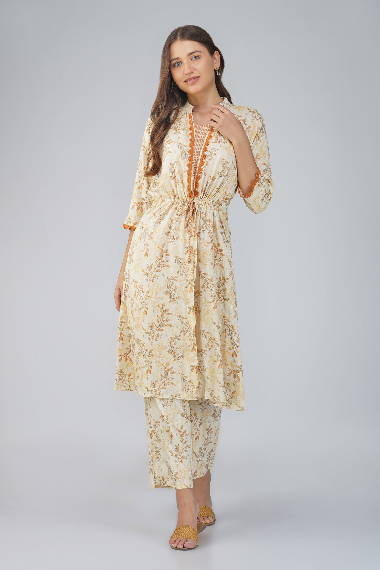 Snigdha Yellow Overlay Kurti Co-ord Set – Foliage Print with Tie-Up Waist & Palazzos