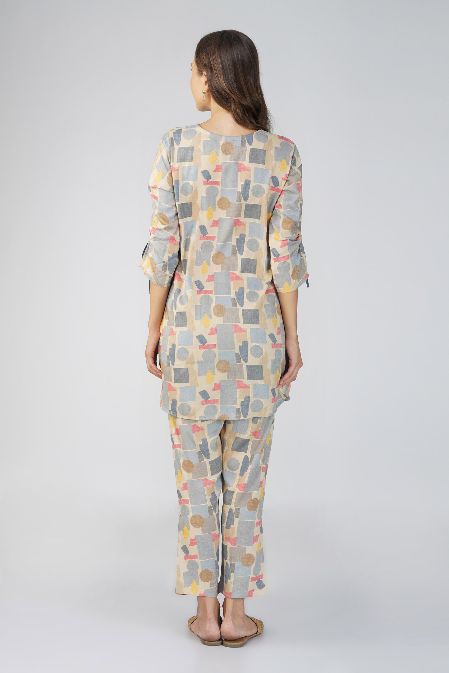 Grey Abstract Co-ord Set β Round Neck Tunic with Printed Straight Pants