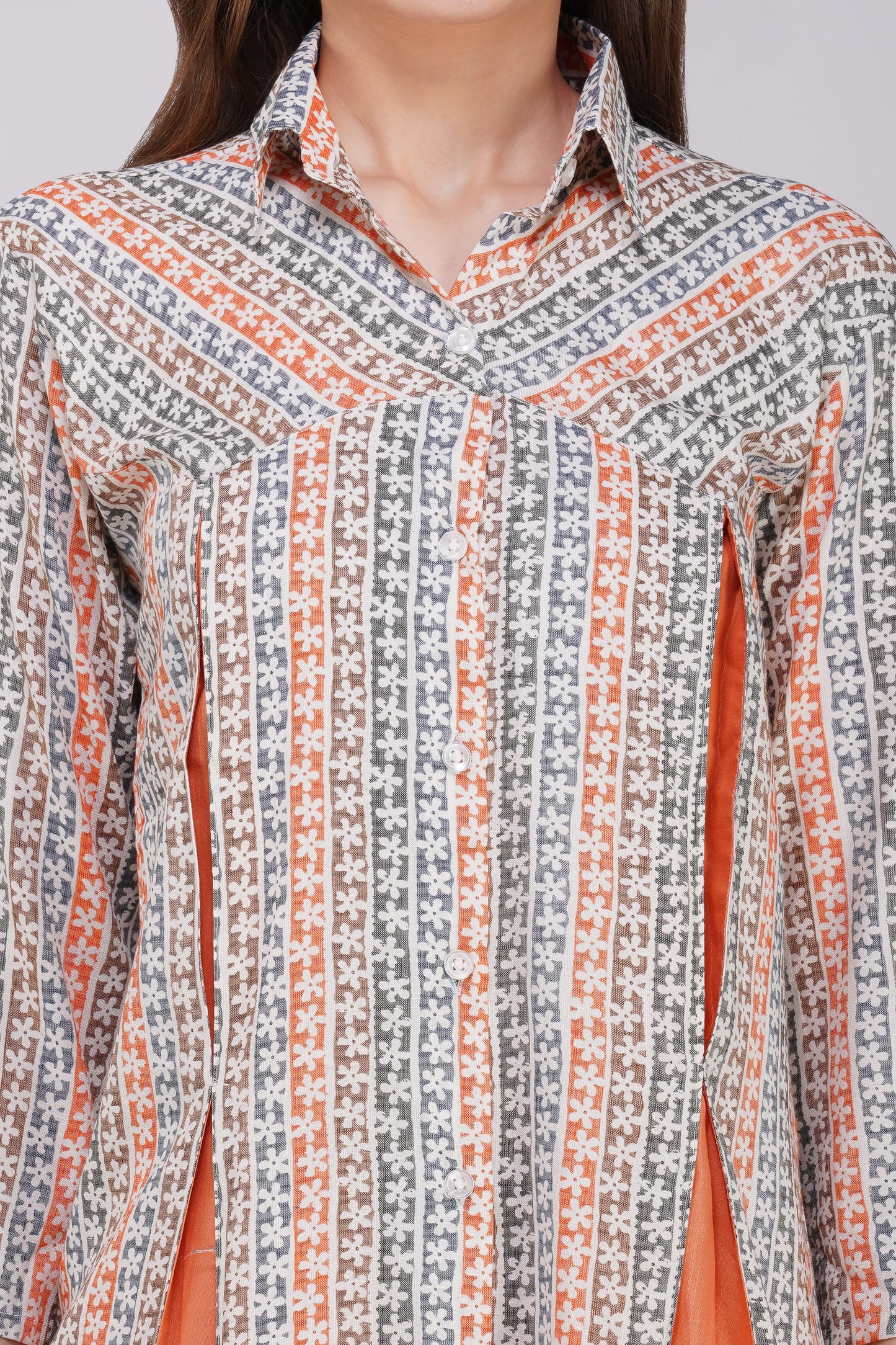 Orange Floral Shirt Co-ord Set โ Contrast Panel Top with Solid Pants