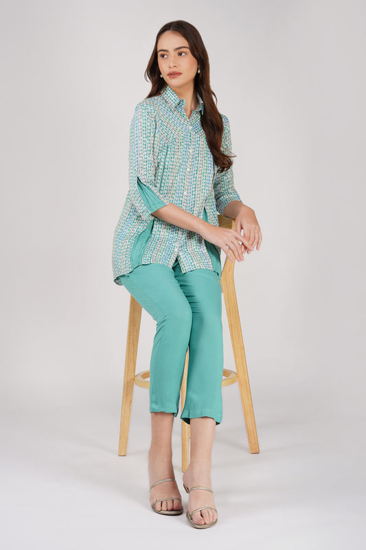 Sea Green Floral Shirt Co-ord Set – Contrast Panel Top with Solid Pants